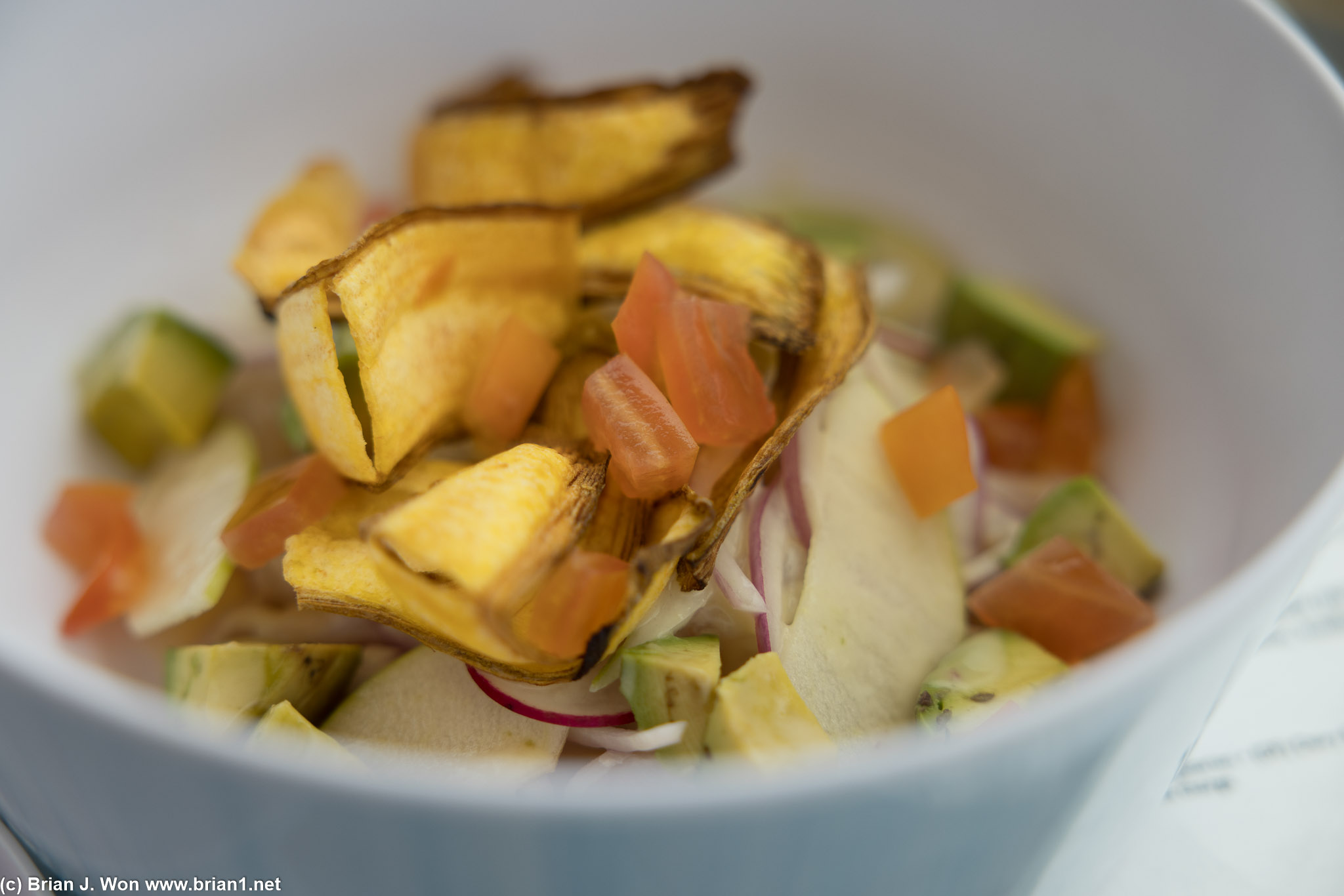 Snapper ceviche, avocado, plantain chips.