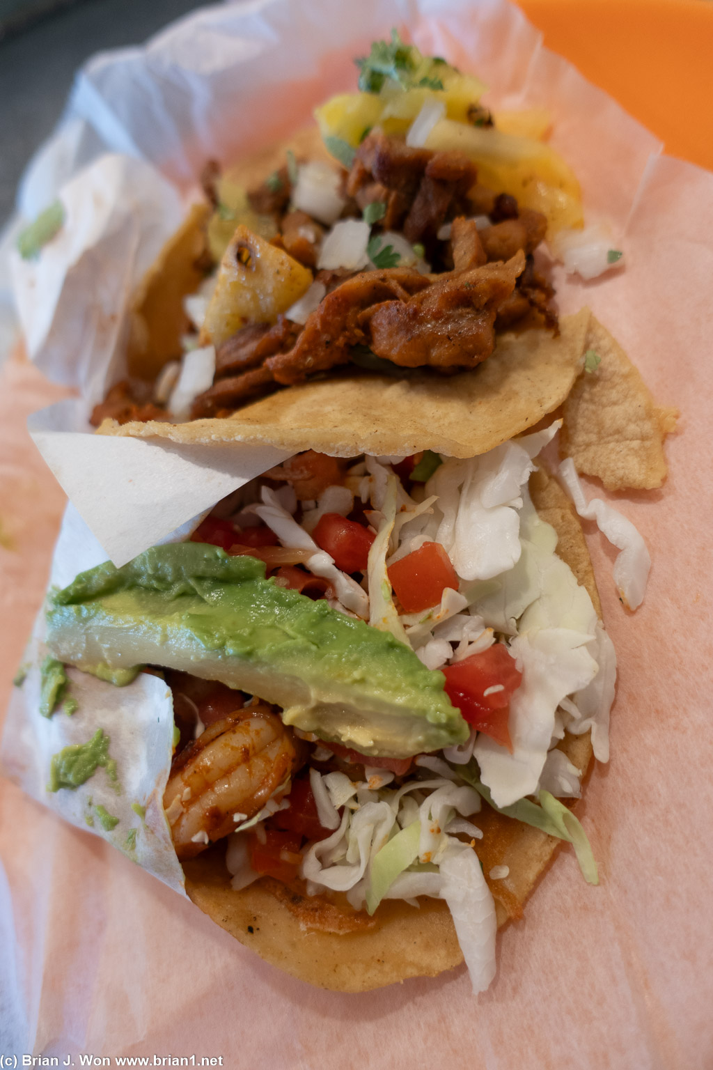 Camaron (spicy shrimp) and al pastor (top).