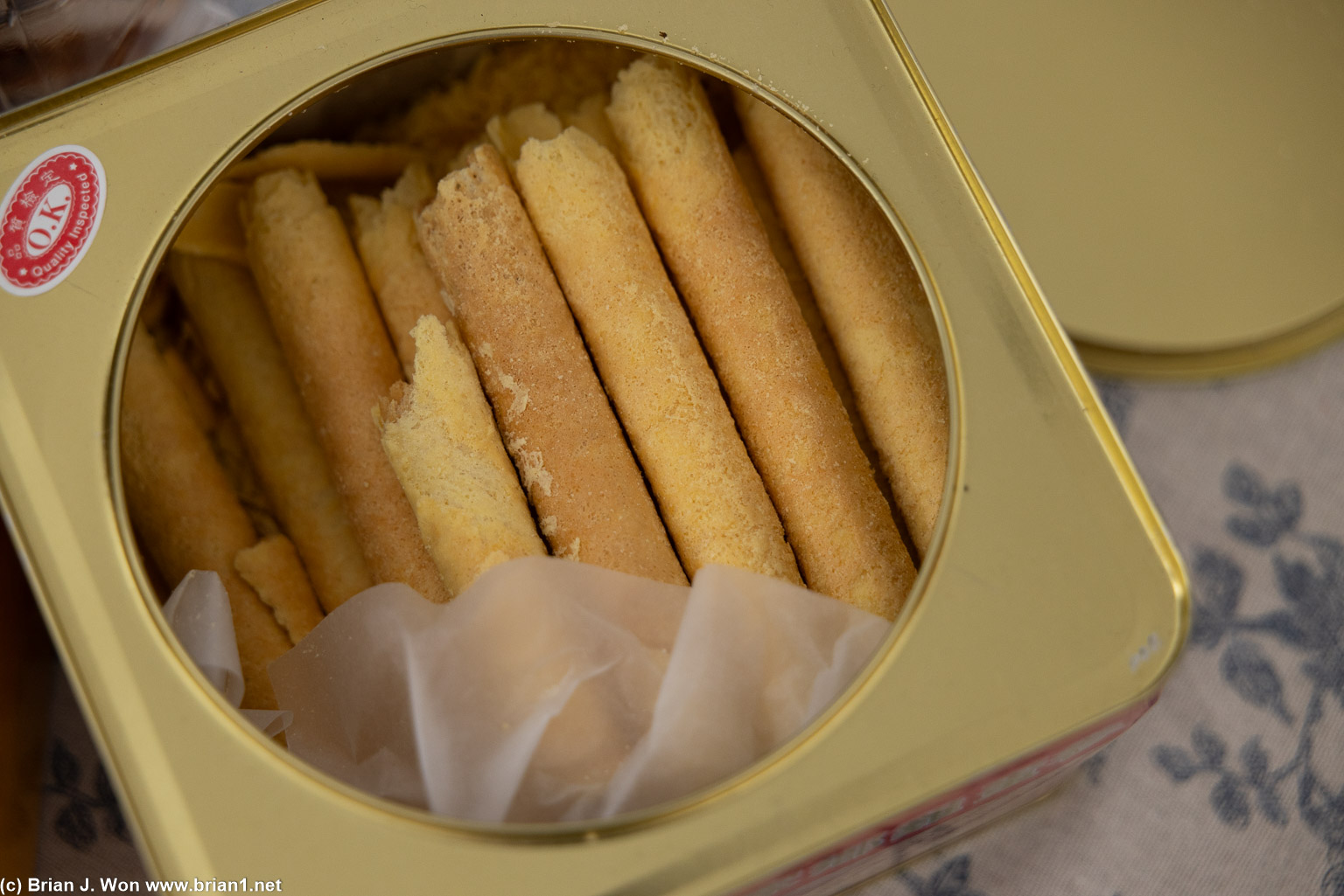 Egg roll cookies from the famous Duck Shing Ho in Hong Kong.