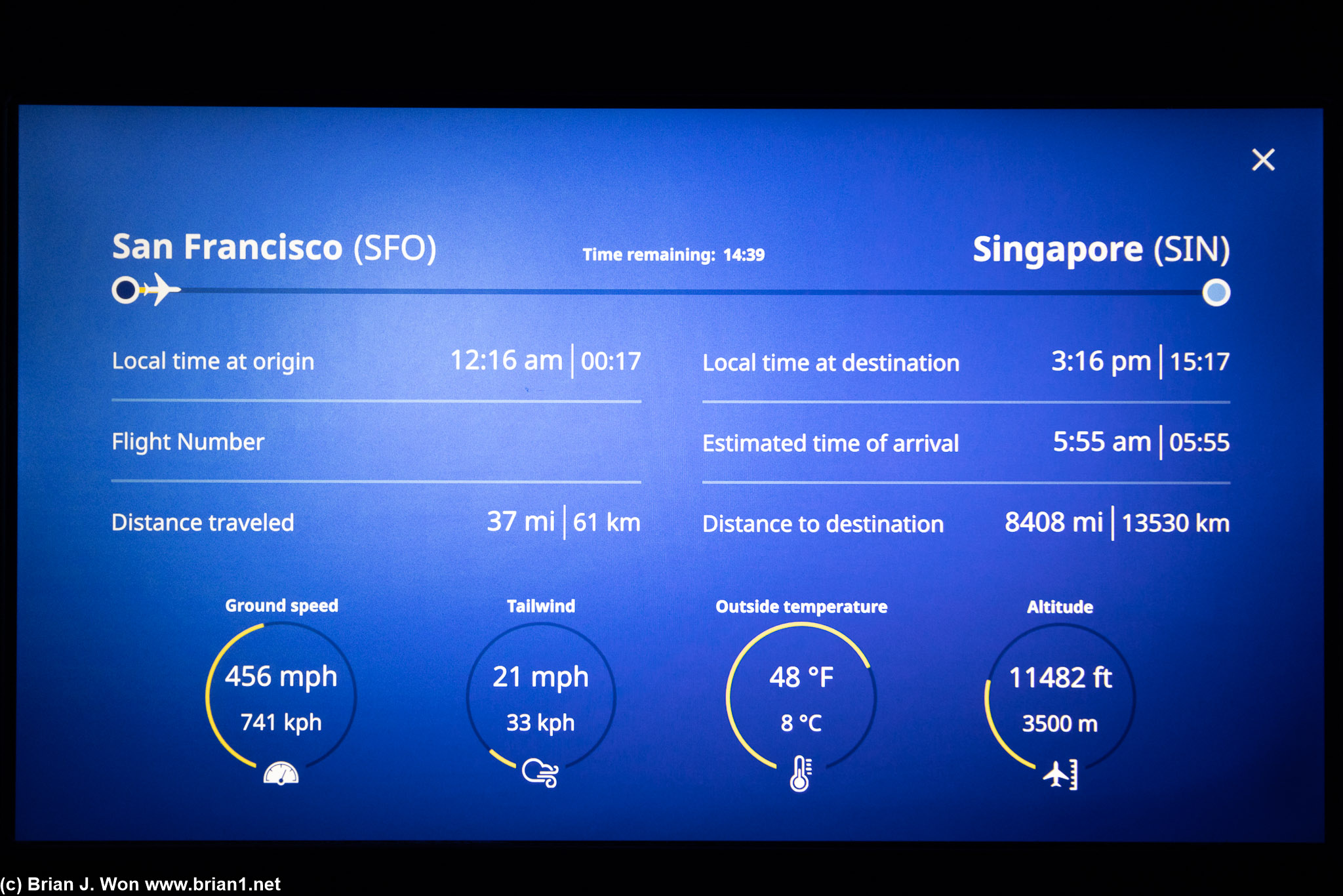 Estimated distance 8,445 miles, actual would be 8,688 miles. Actual flight time would be 15hr 17 min.