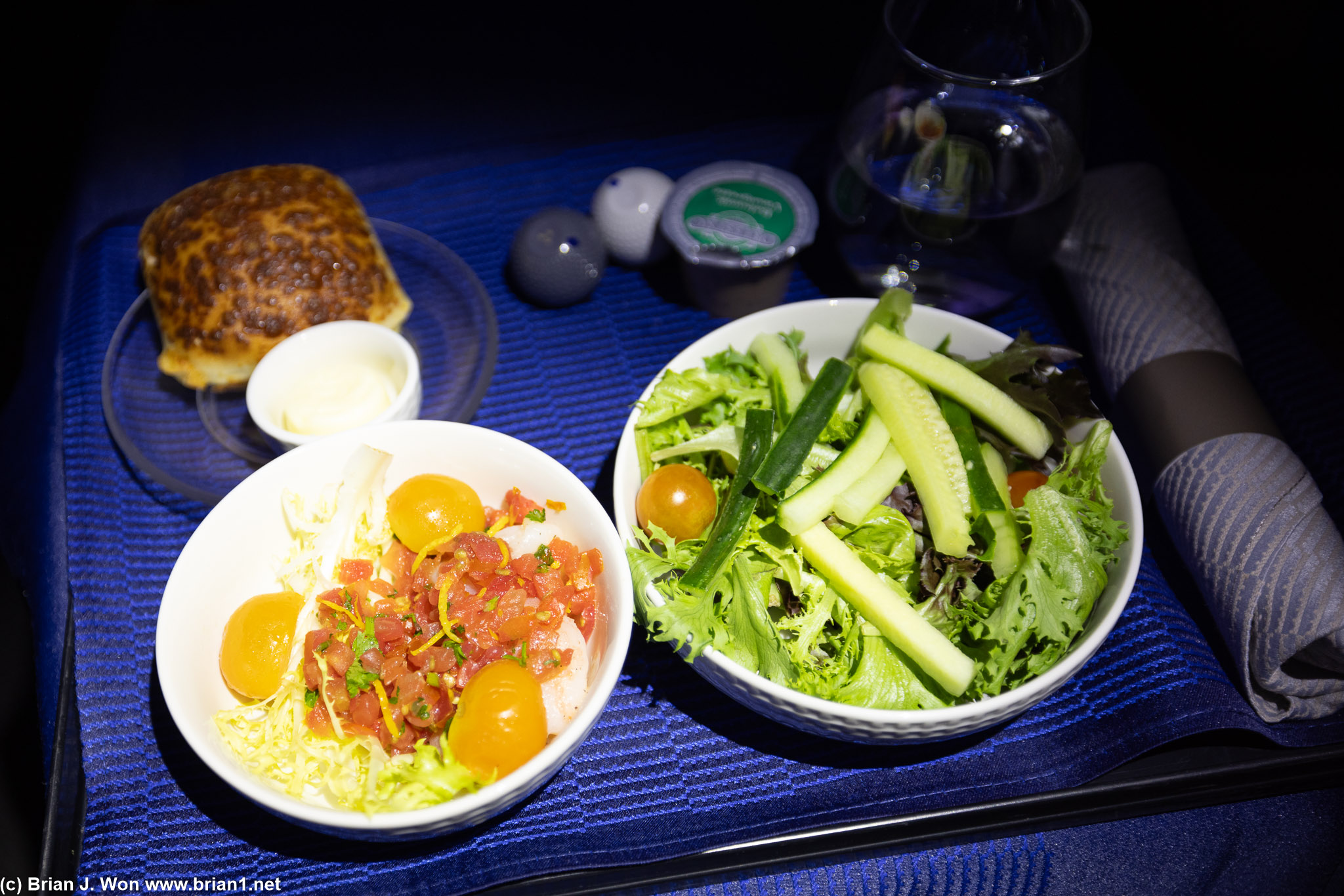 Salad and a shrimp tomato thing. Cheese bread roll was inedible.