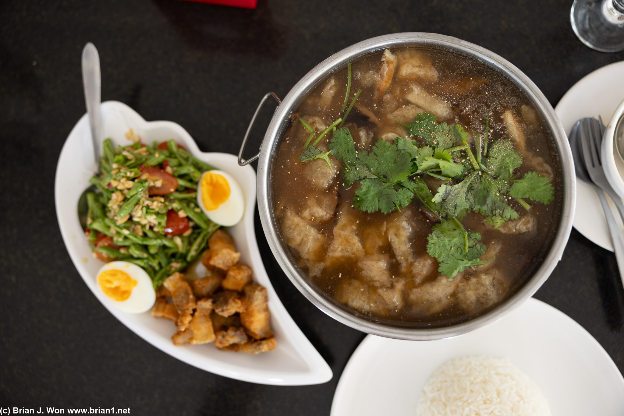 Sayam Seafood's fish skin soup, green beans, and fried pork. Verdict: average.