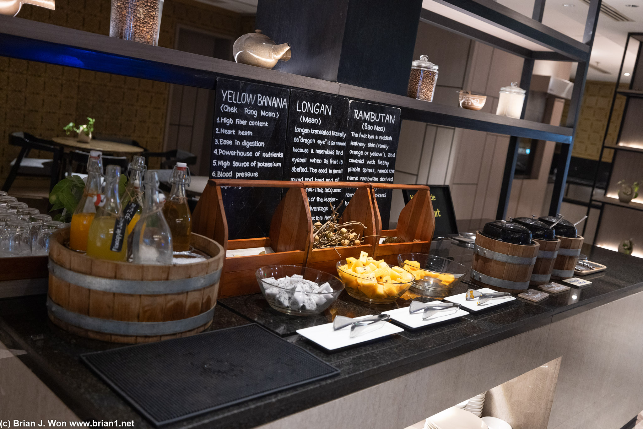 Fresh fruit along with juices and yogurt.