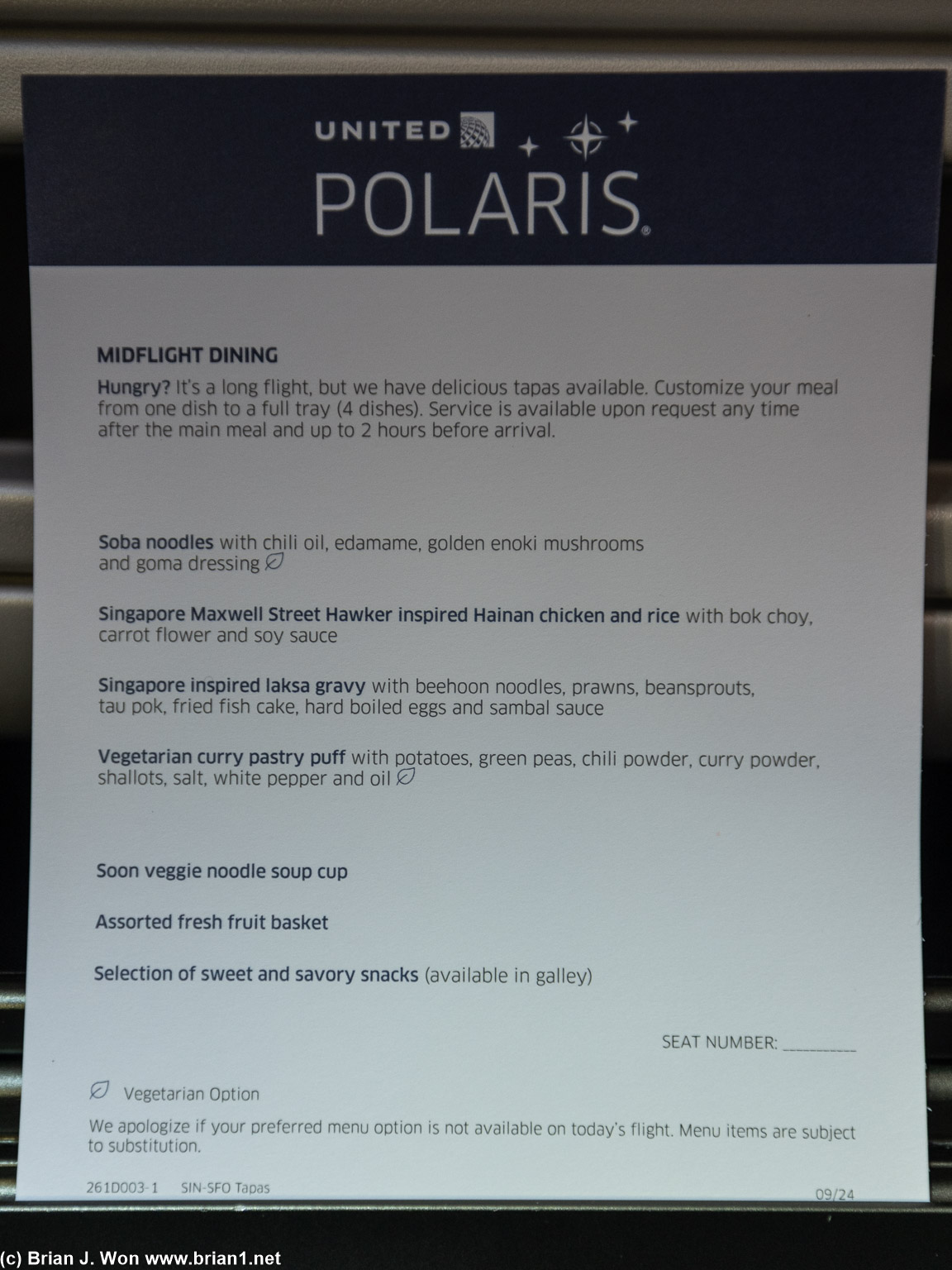 Mid-flight tapas menu on UA 28.