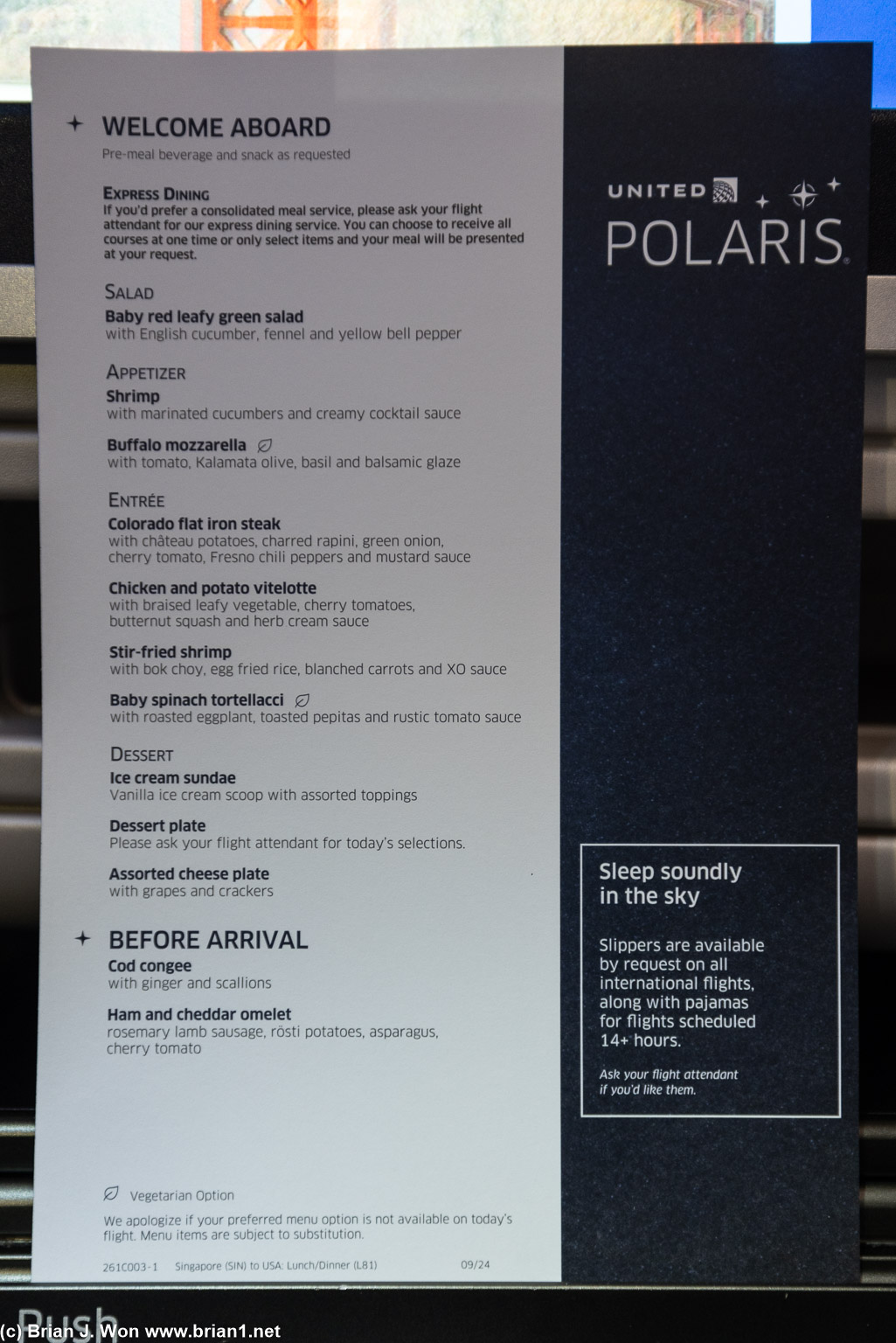 Dinner menu on UA 28.