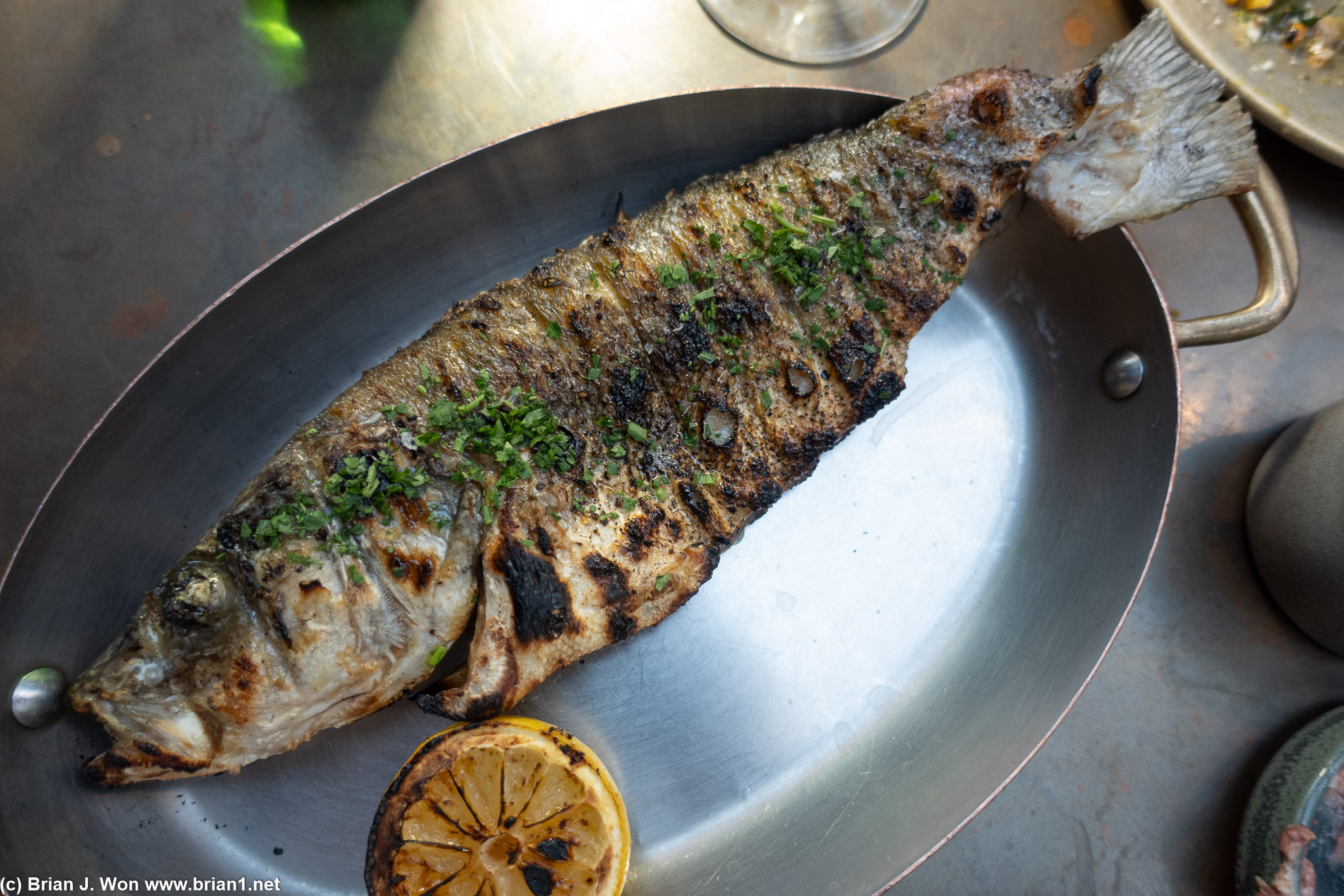 Whole grilled branzino.