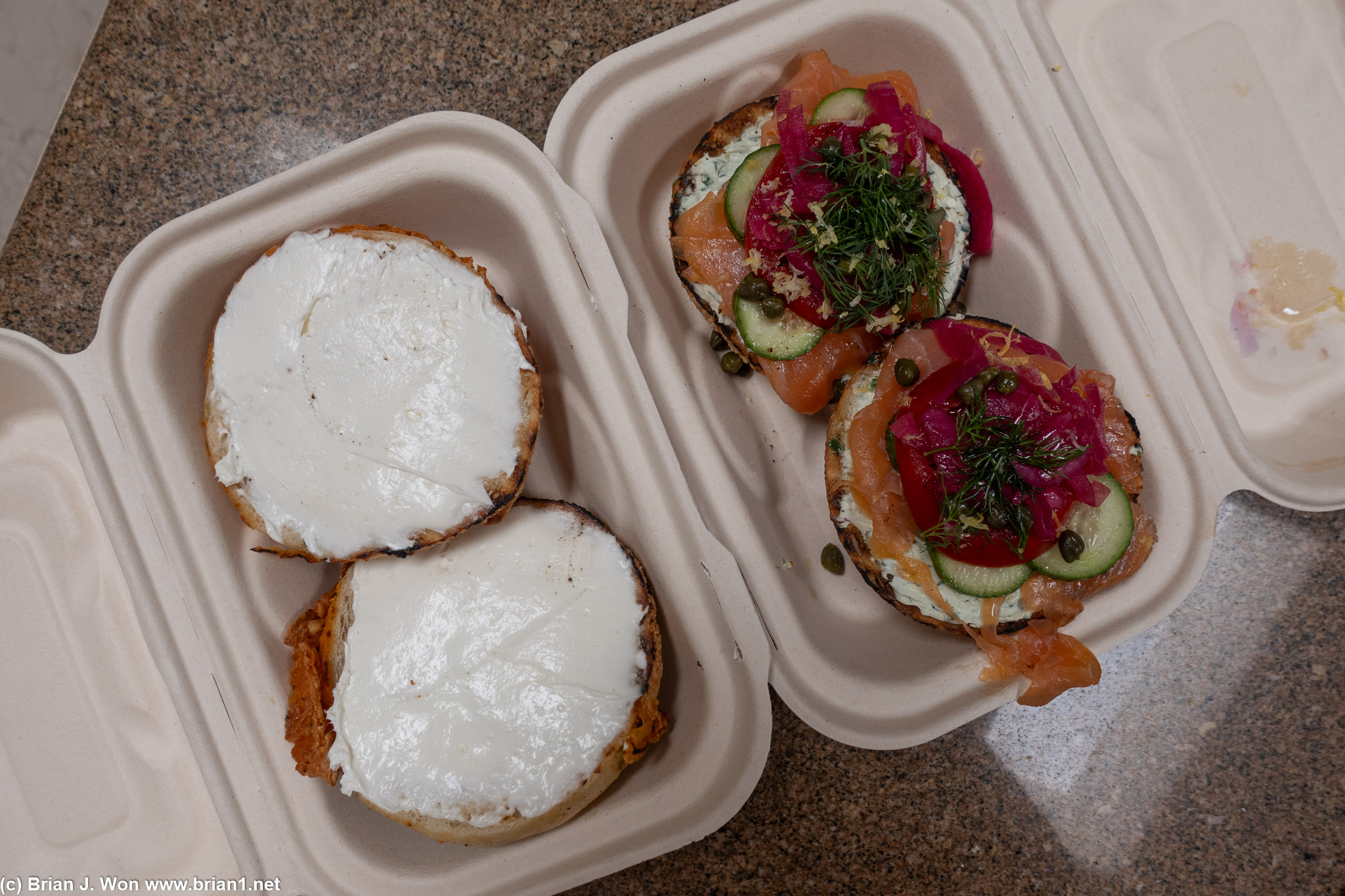 Post-Santa Monica Classic 10K bagels from Layla Bagels.