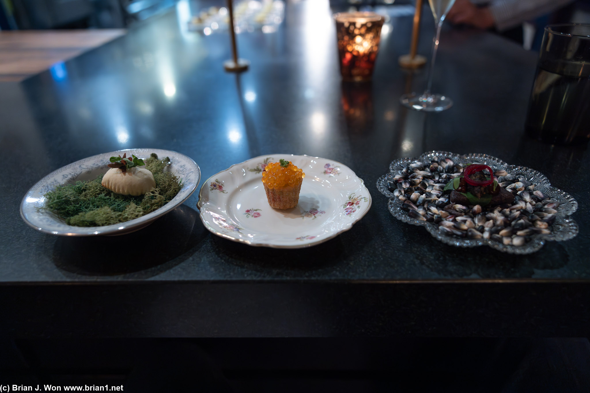 Green garlic pillow, pai tee, duck confit tetela. Last (right) was on blue corn tortilla.