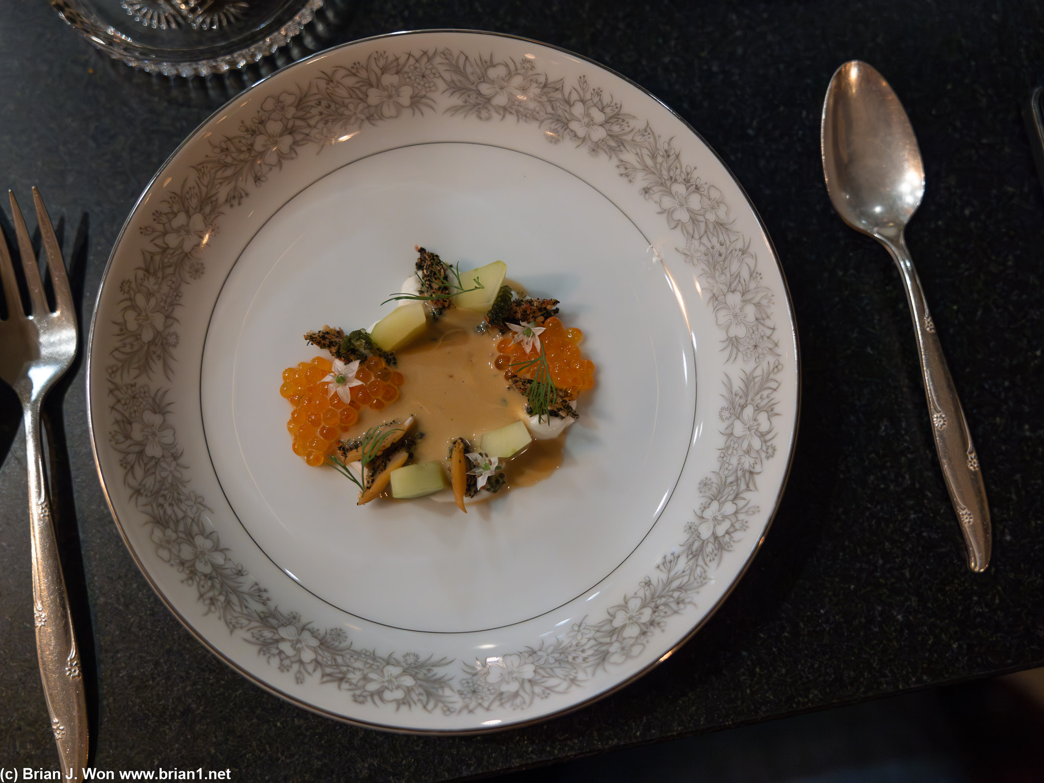 Washington state manila clam, trout roe, labneh, pil pil.