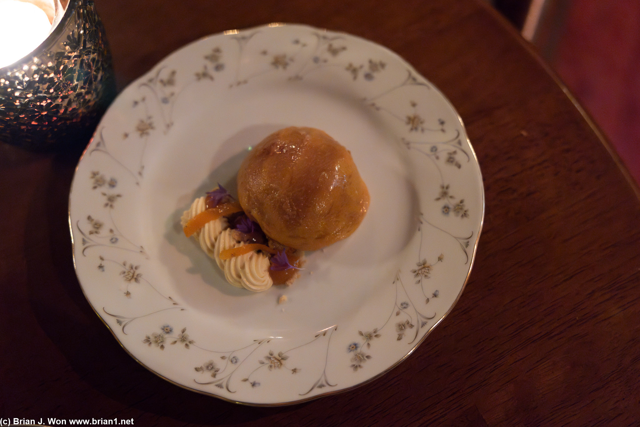 Tenerelli Orchards stone fruit (peach with honey), apricot sherbert, lavender brulee, brown butter crumble.