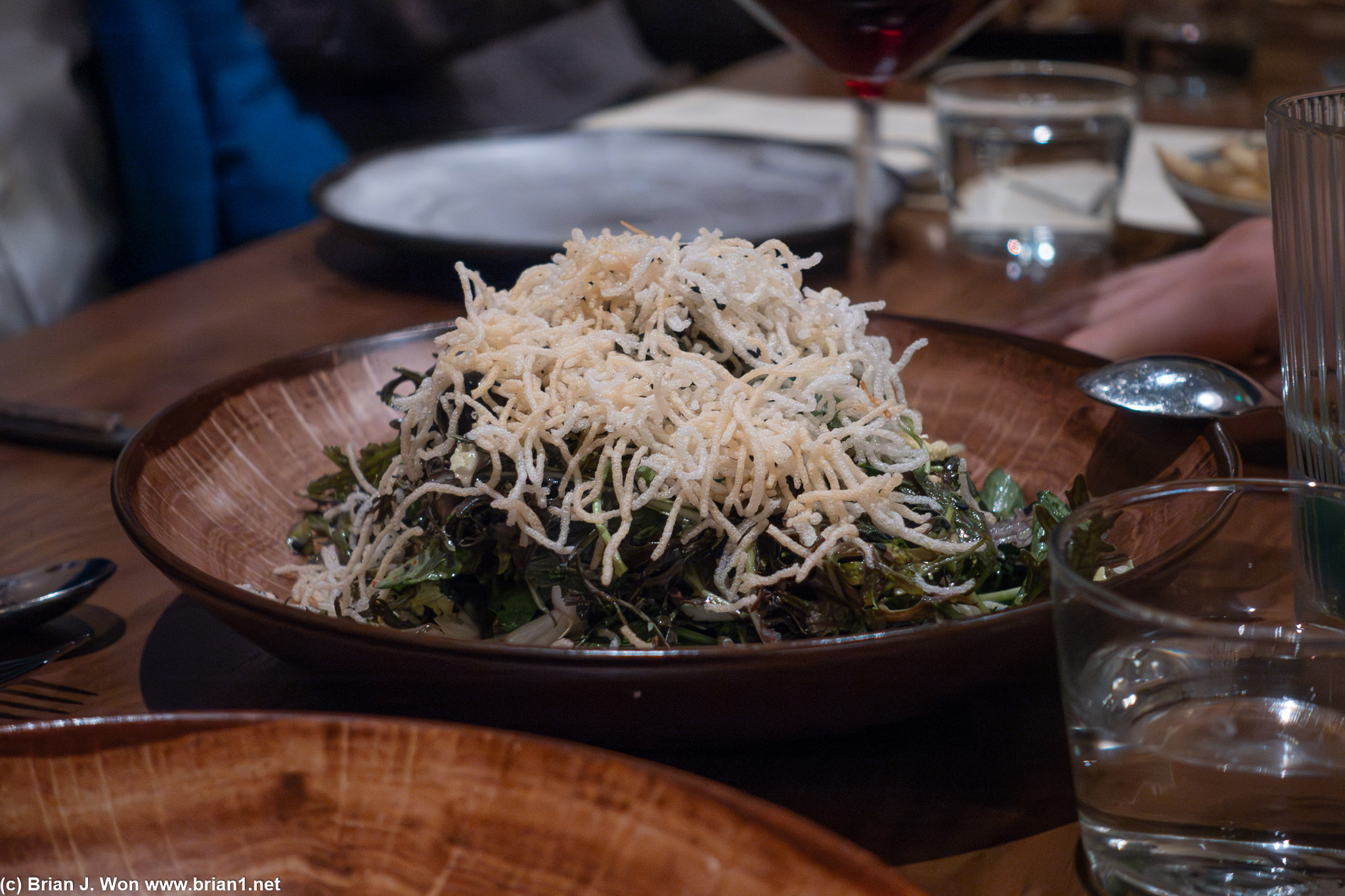 Mustard greens and cabbage with crispy rice noodles. Quite good.