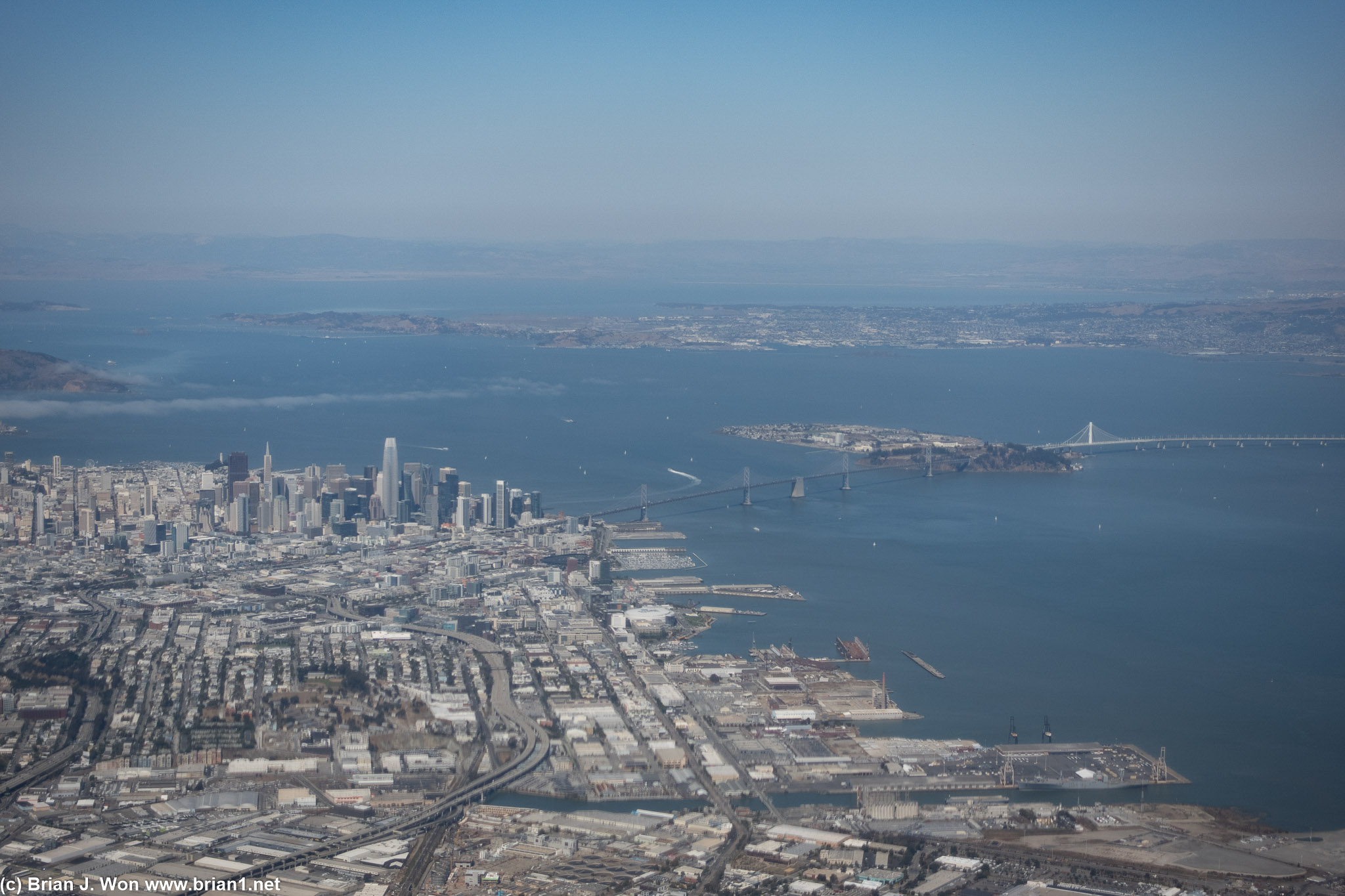 View of the San Francisco Bay Bridge for the final flight of the trip.