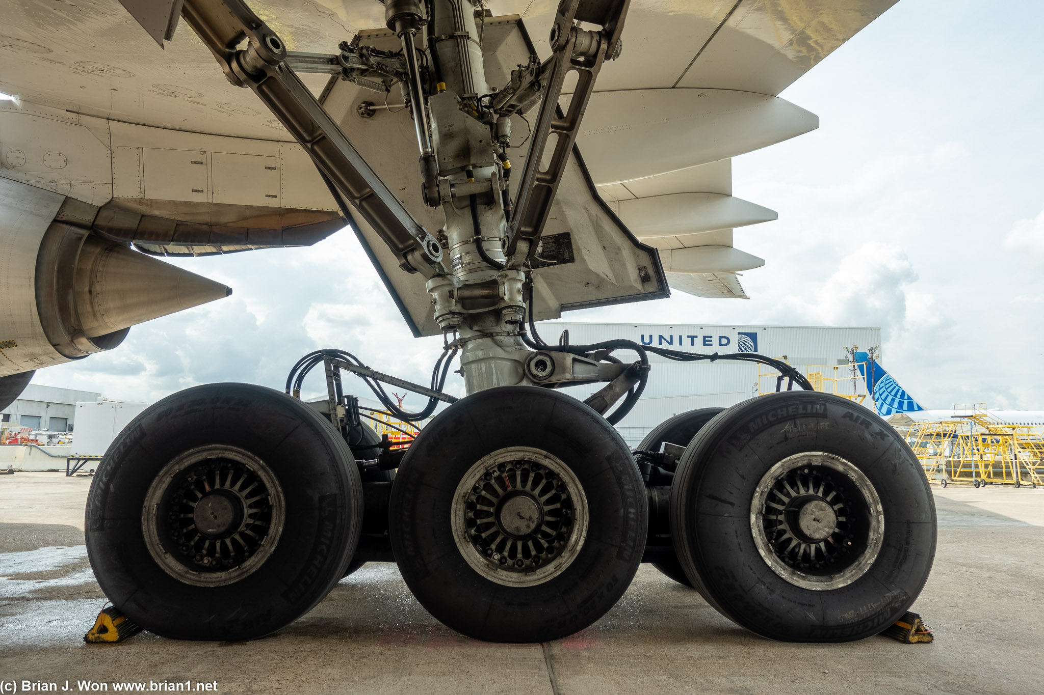 Six 50 x 20.0 R22 tires on each 777 main landing gear bogey.