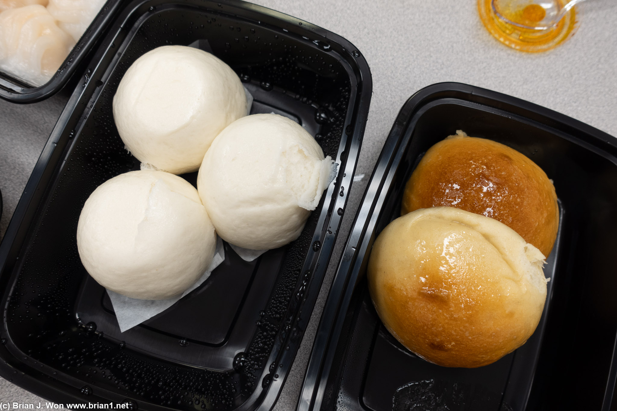 Sweet custard buns on left, char shu bao on right.