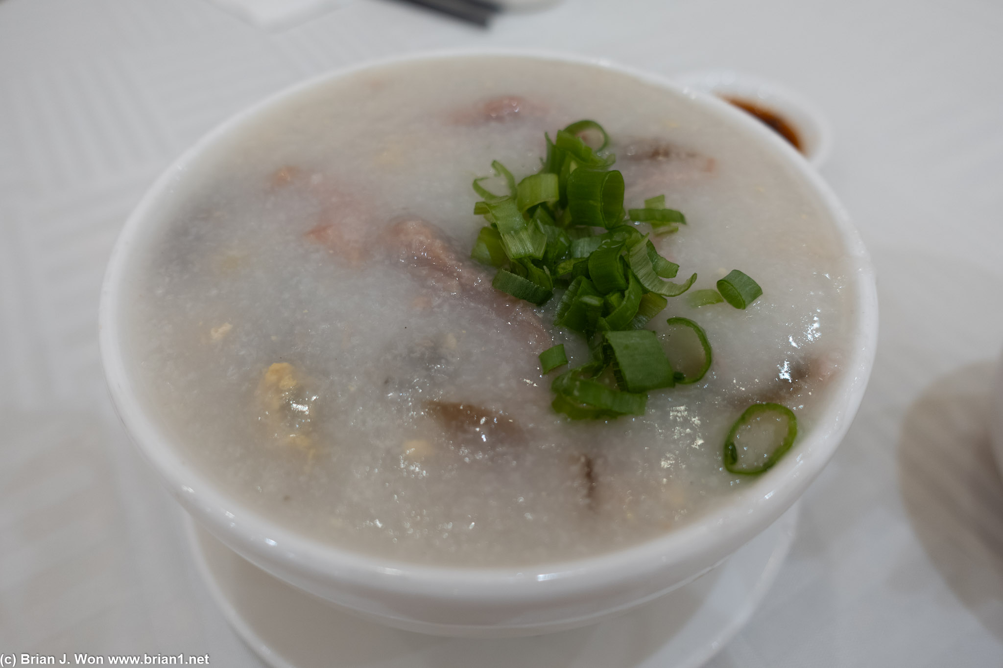 Pork jook. I prefer the pei dan version. This at least had long strips of pork meat.