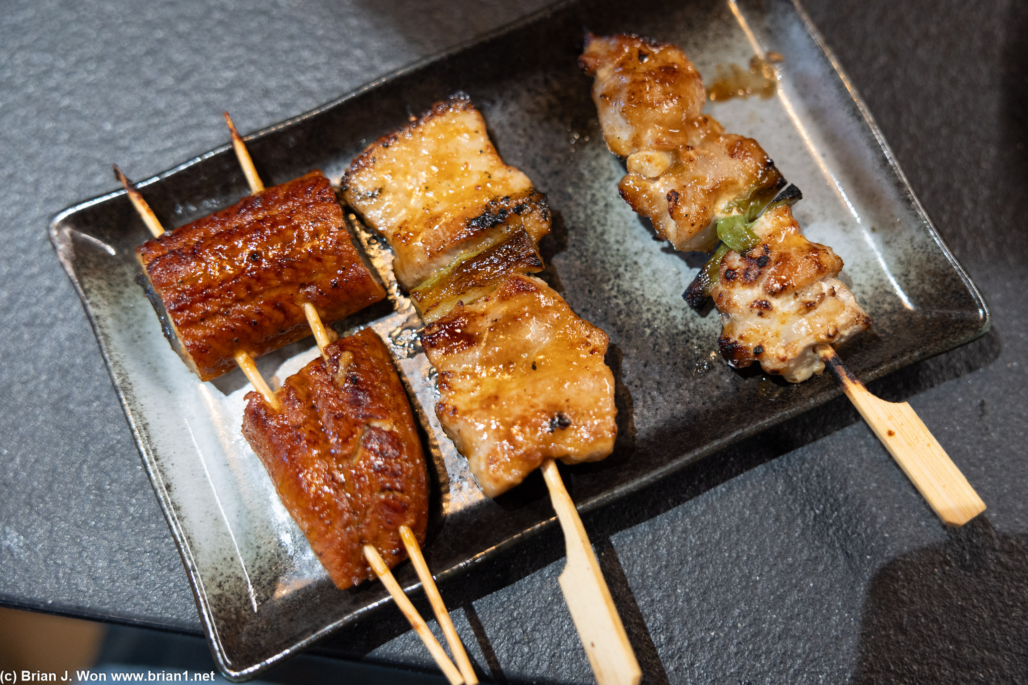 Unagi, pork belly, chicken thigh yakitori.