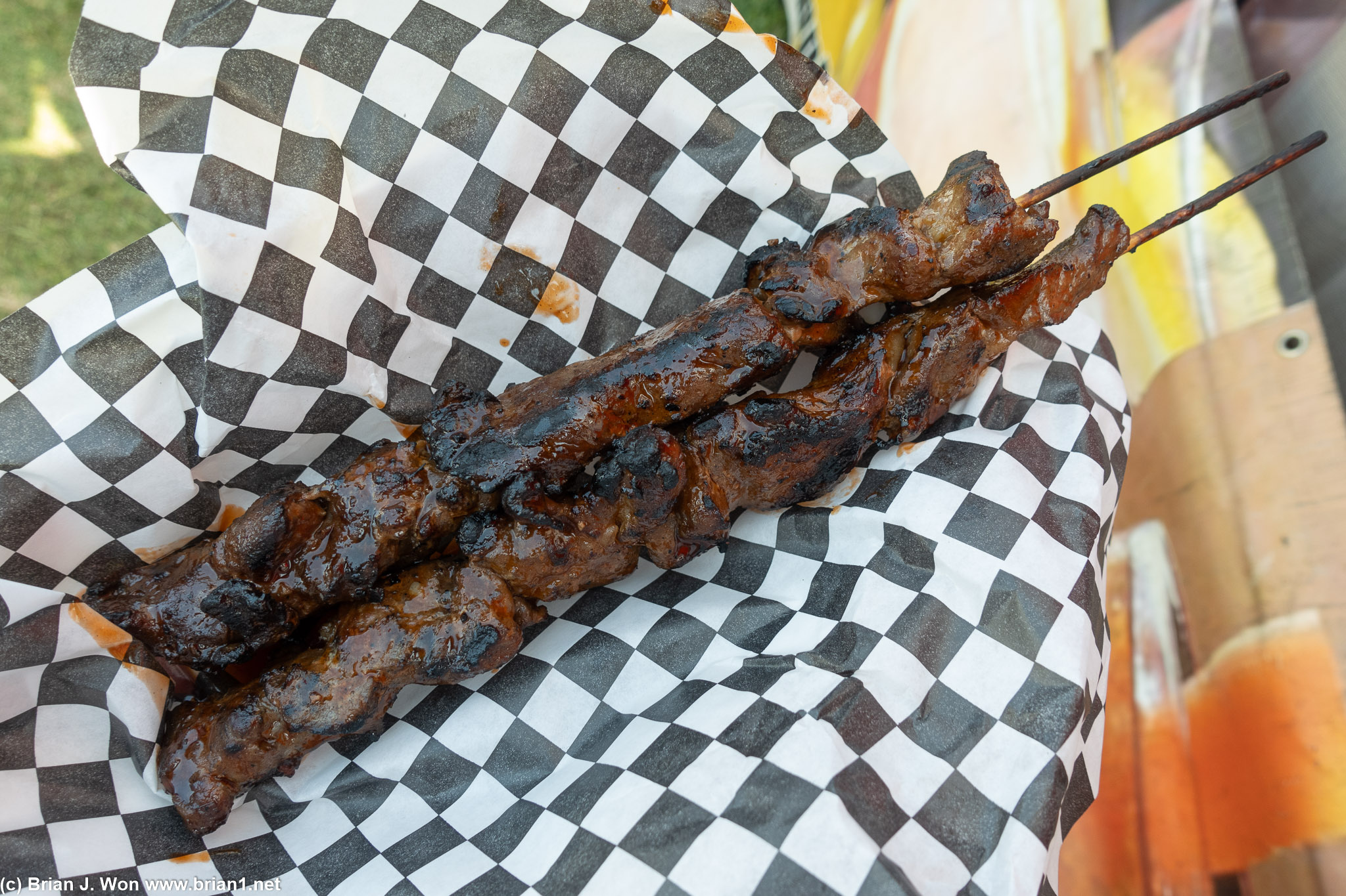 Pork skewers are massive ($15 for 2).