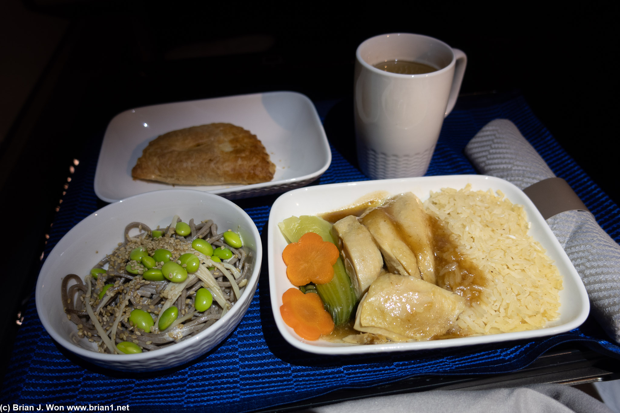 Mid-flight tapas. Hainan-style chicken just okay, skip the soba and the curry puff.