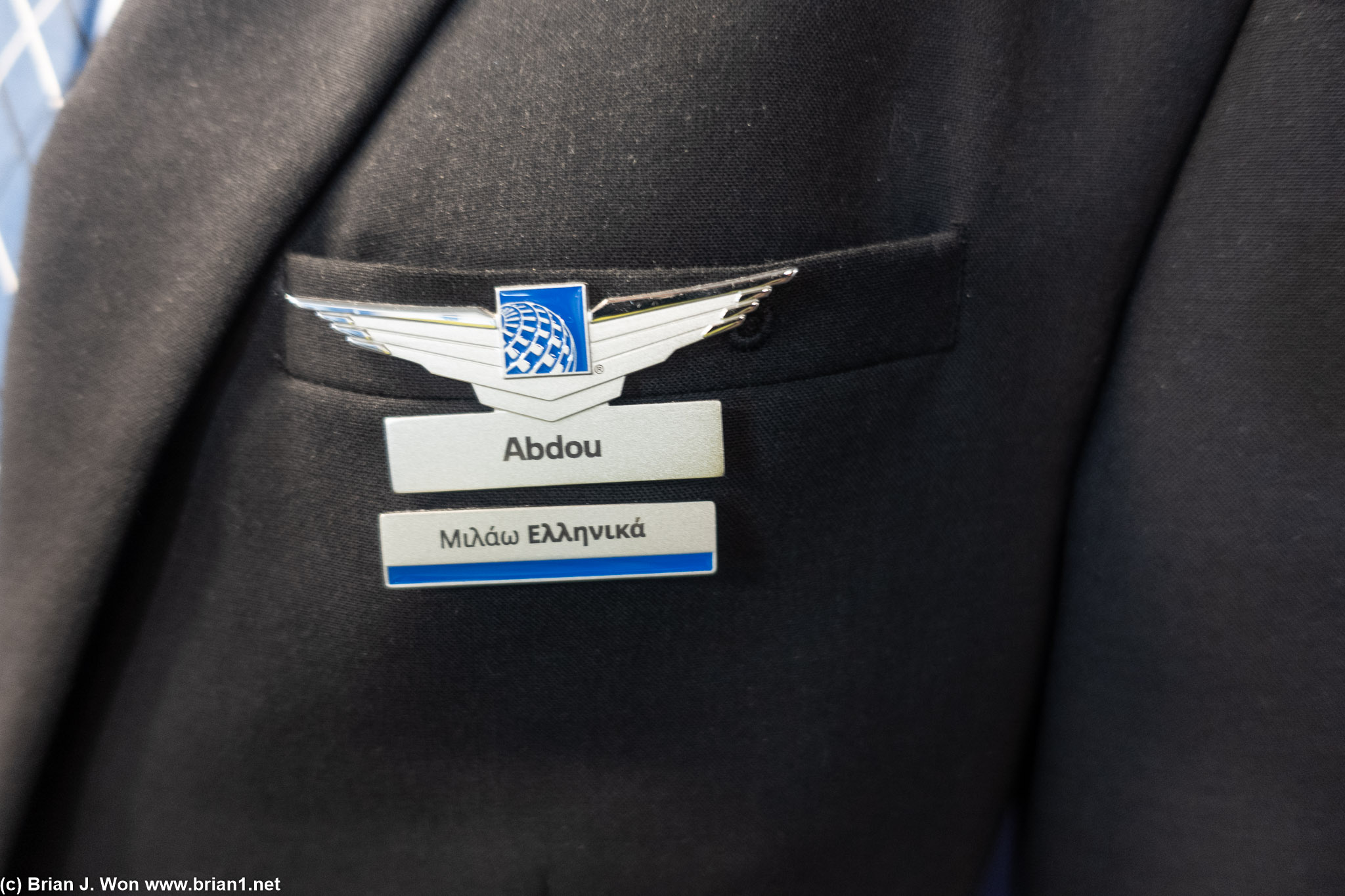 Flight attendant name badges/wings.