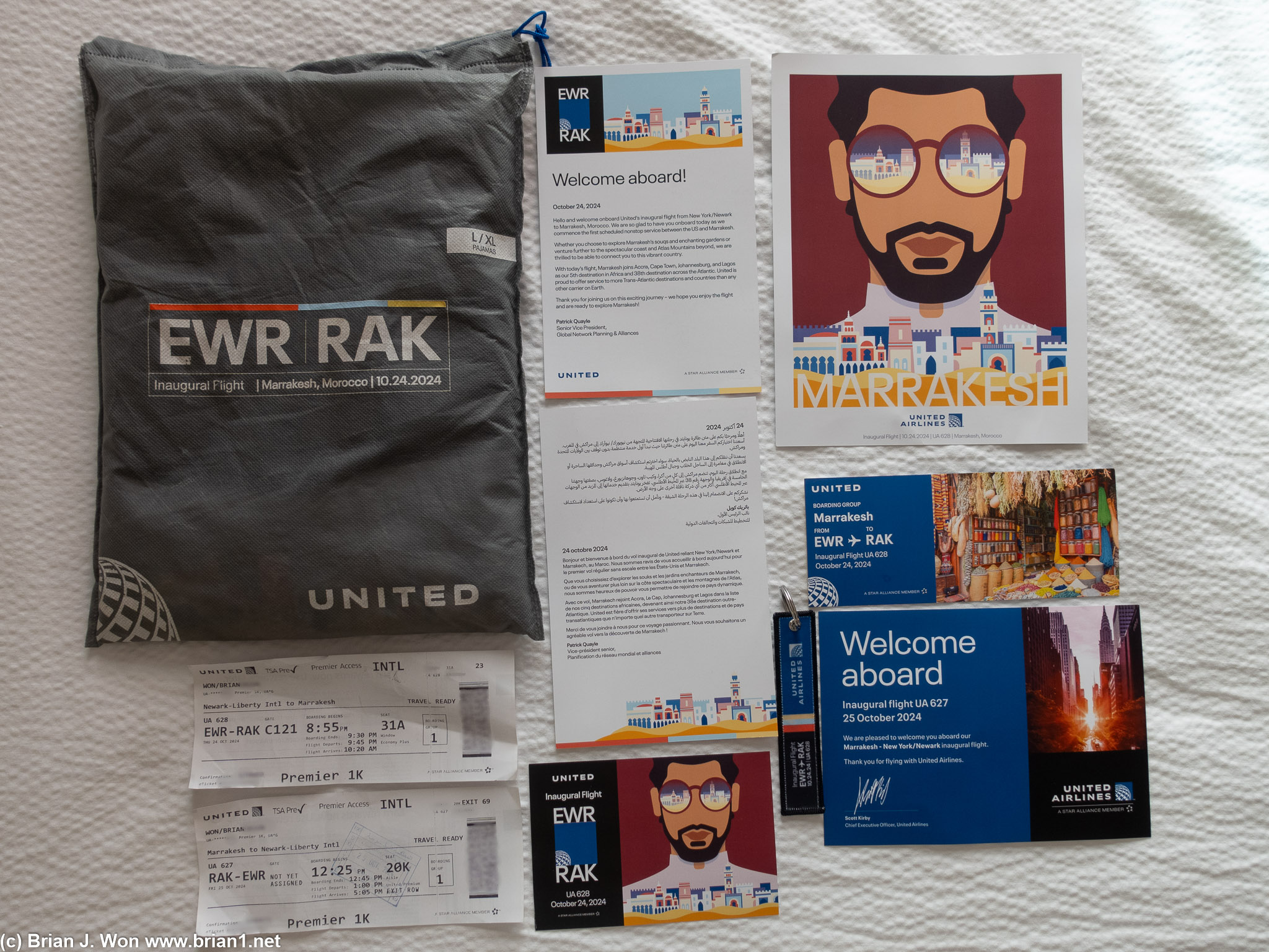 EWR-RAK and RAK-EWR inaugural flight swag.