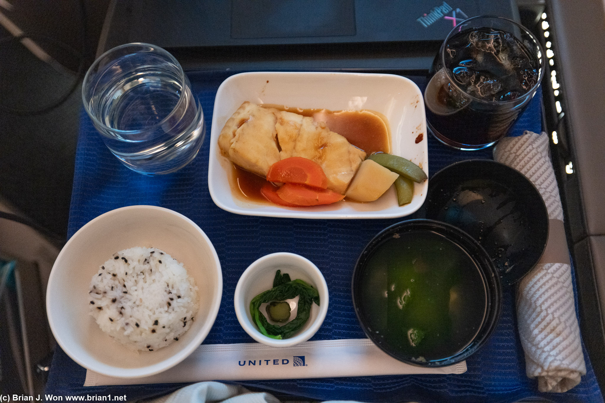 Pre-arrival meal; the cod doesn't look as good as the salmon.