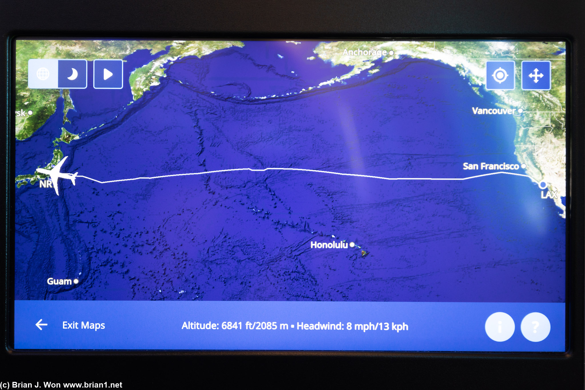 10:59 actual flight time, 5,792 miles (Flightaware), 5,445 miles (great circle), 5,449 miles (IFE).