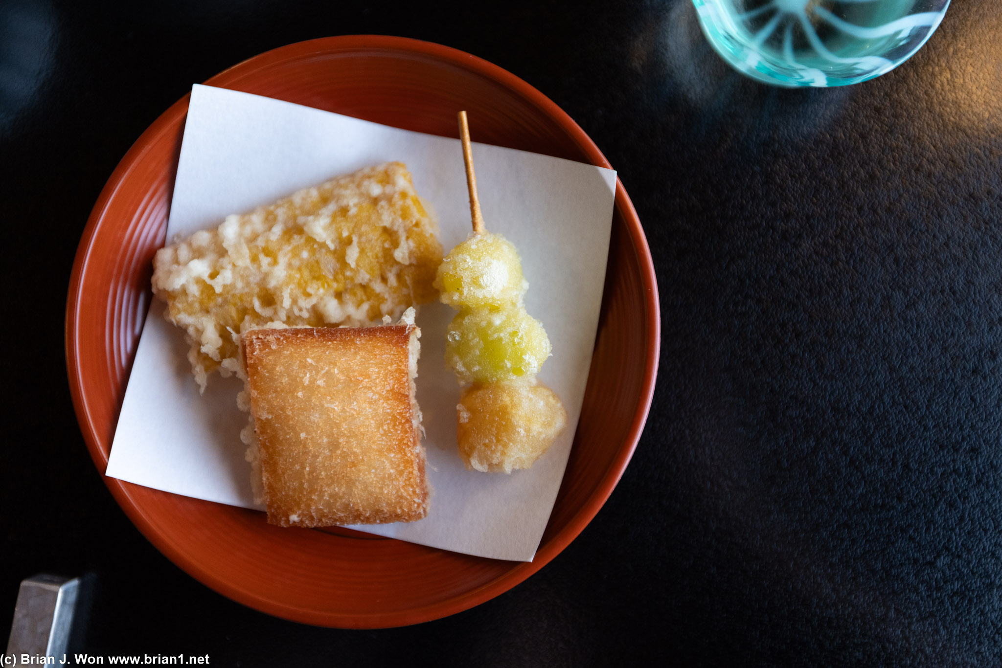 Seafood pillow, corn, and I think it was some sort of nut tempura.