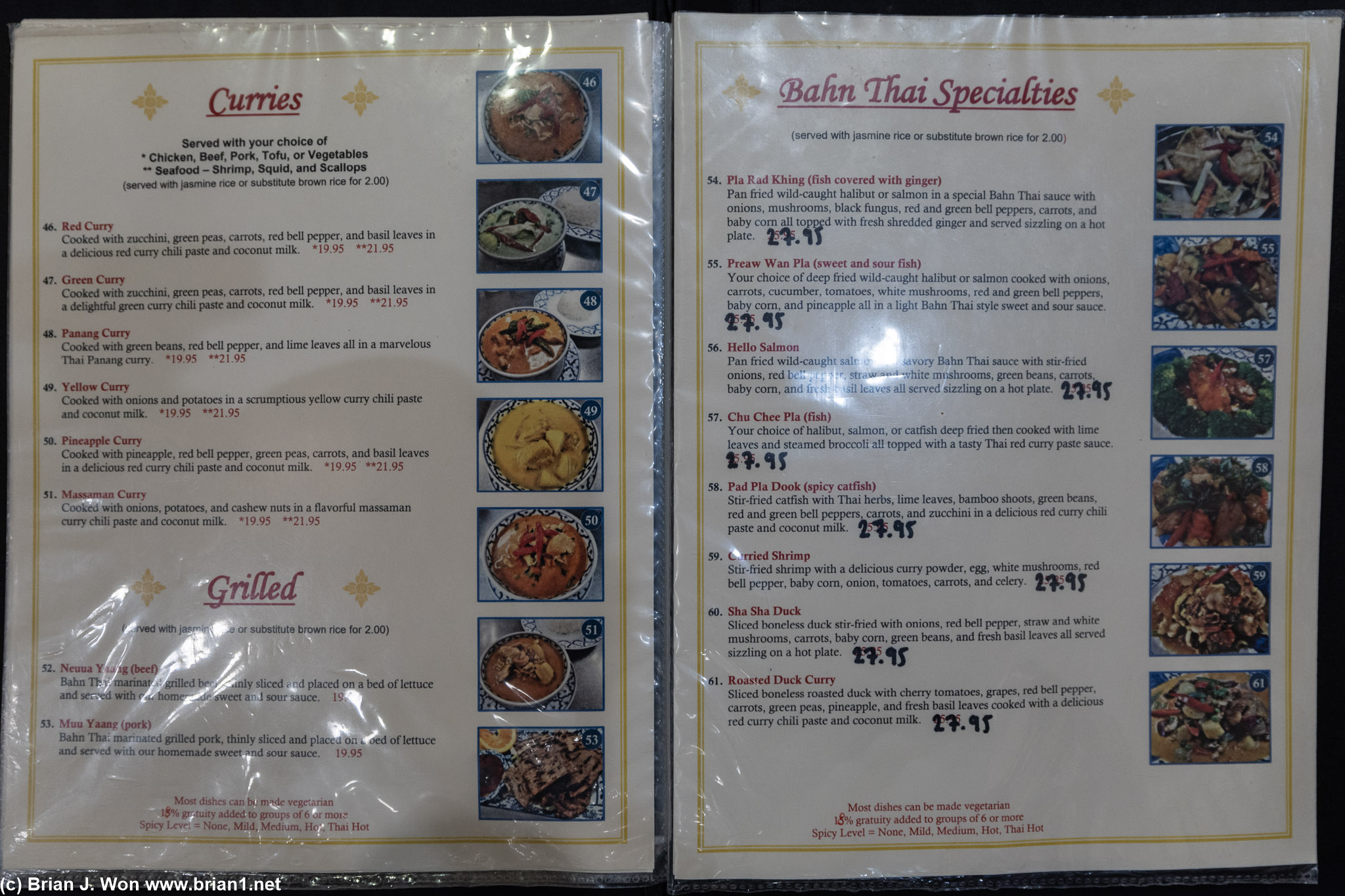 Menu at Bahn Thai.