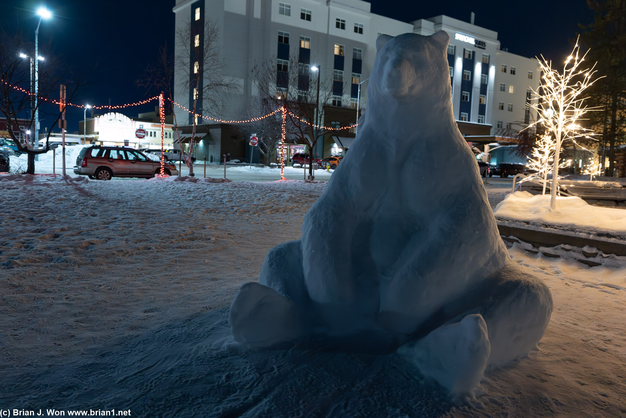 Someone built a huge polar bear out of the snow.