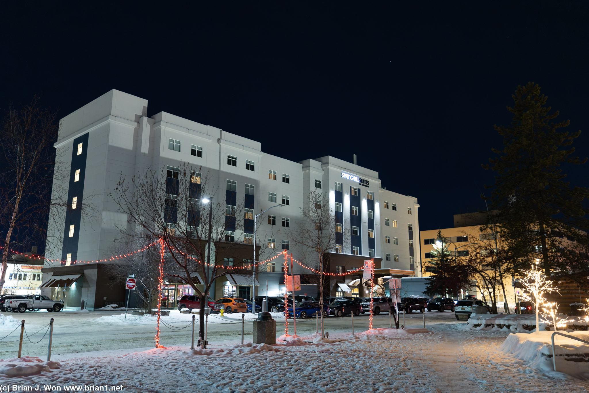 SpringHill Suites Fairbanks at night.