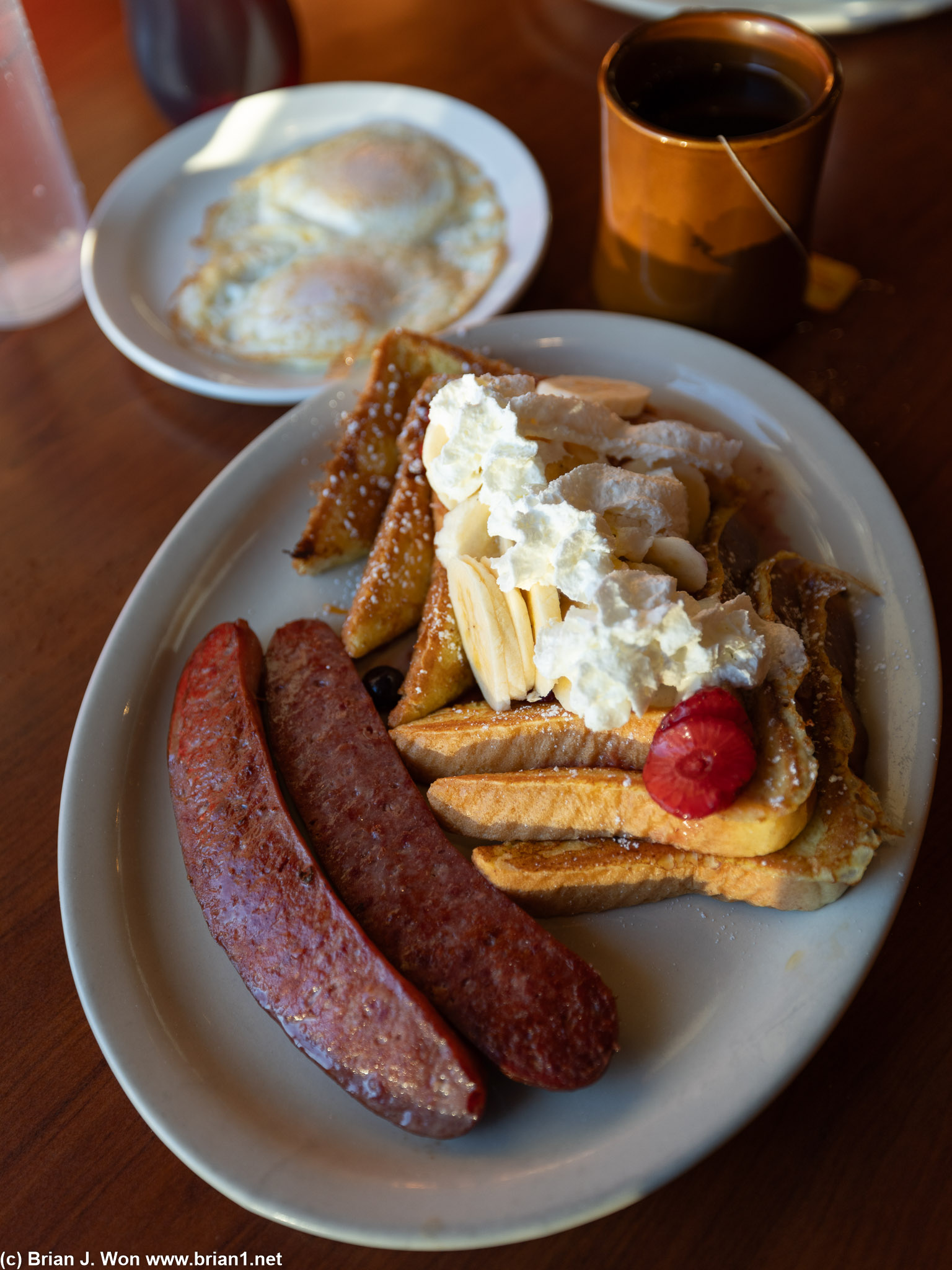 Reindeer sausage and french toast.