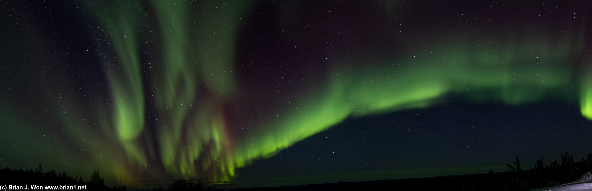 The aurora borealis fills the sky at Cleary Summit, 20 miles north of Fairbanks, right around midnight.