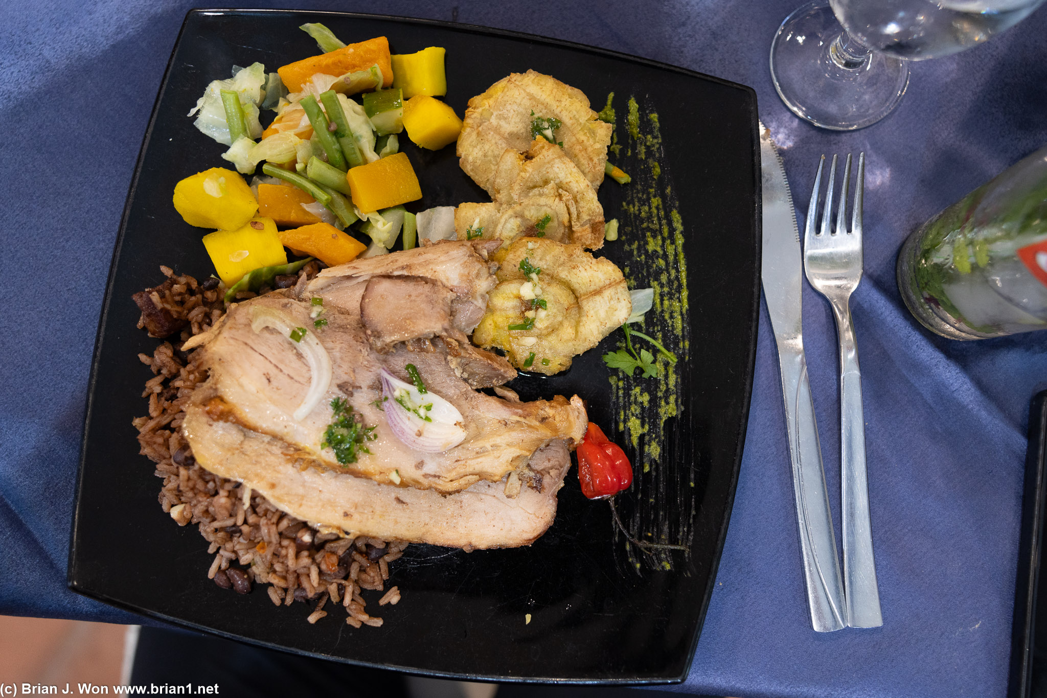 They love a thin sliced pork here, plus rice and beans, and plantains.