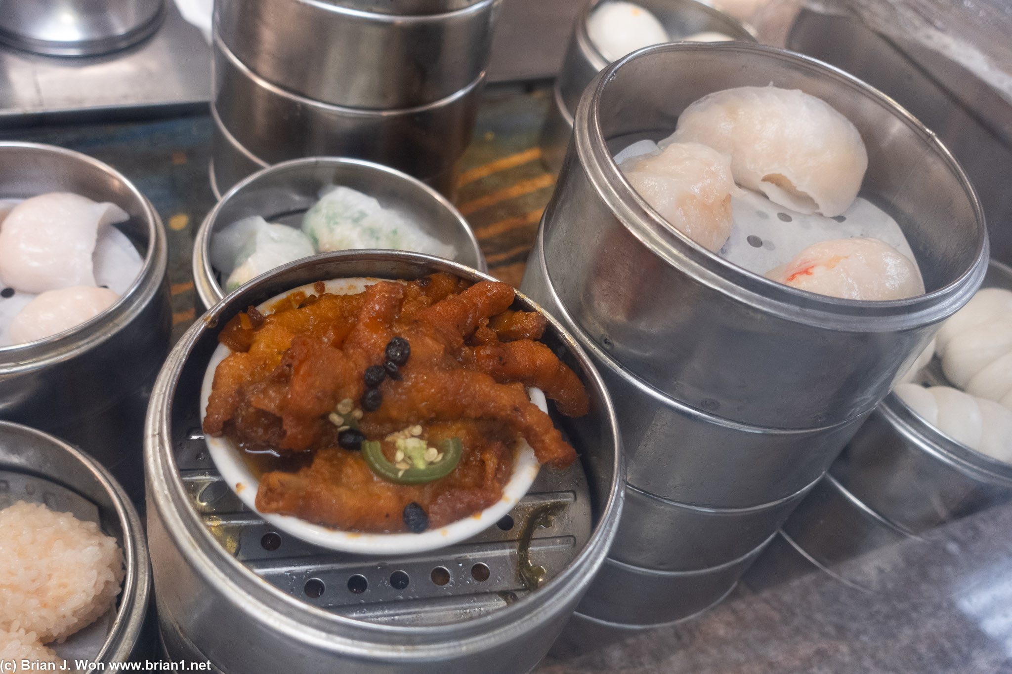 Feng zhao (chicken feet) and har gow. Har gow don't look good.