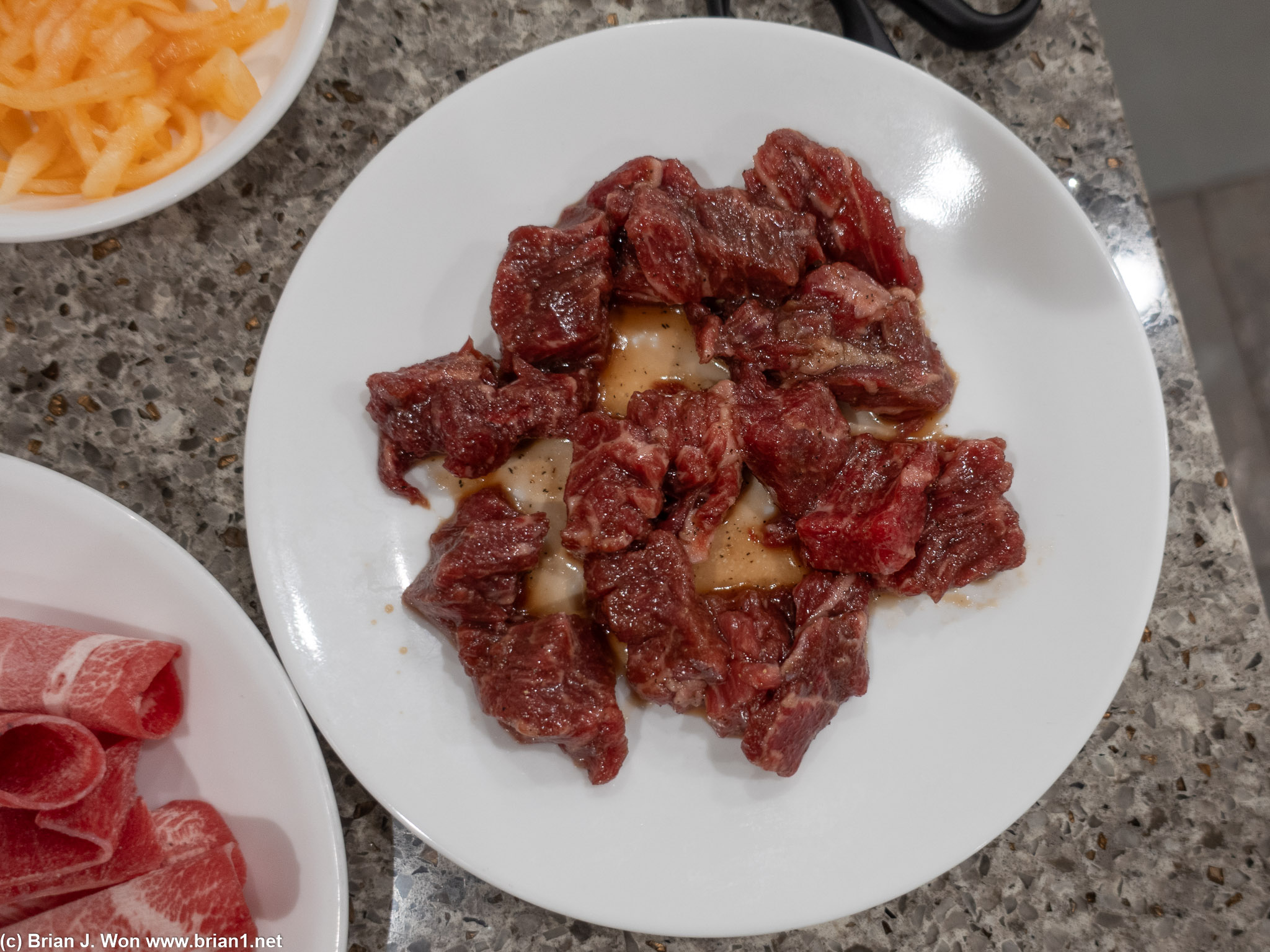 Marinated galbi comes pre-cut. Odd.