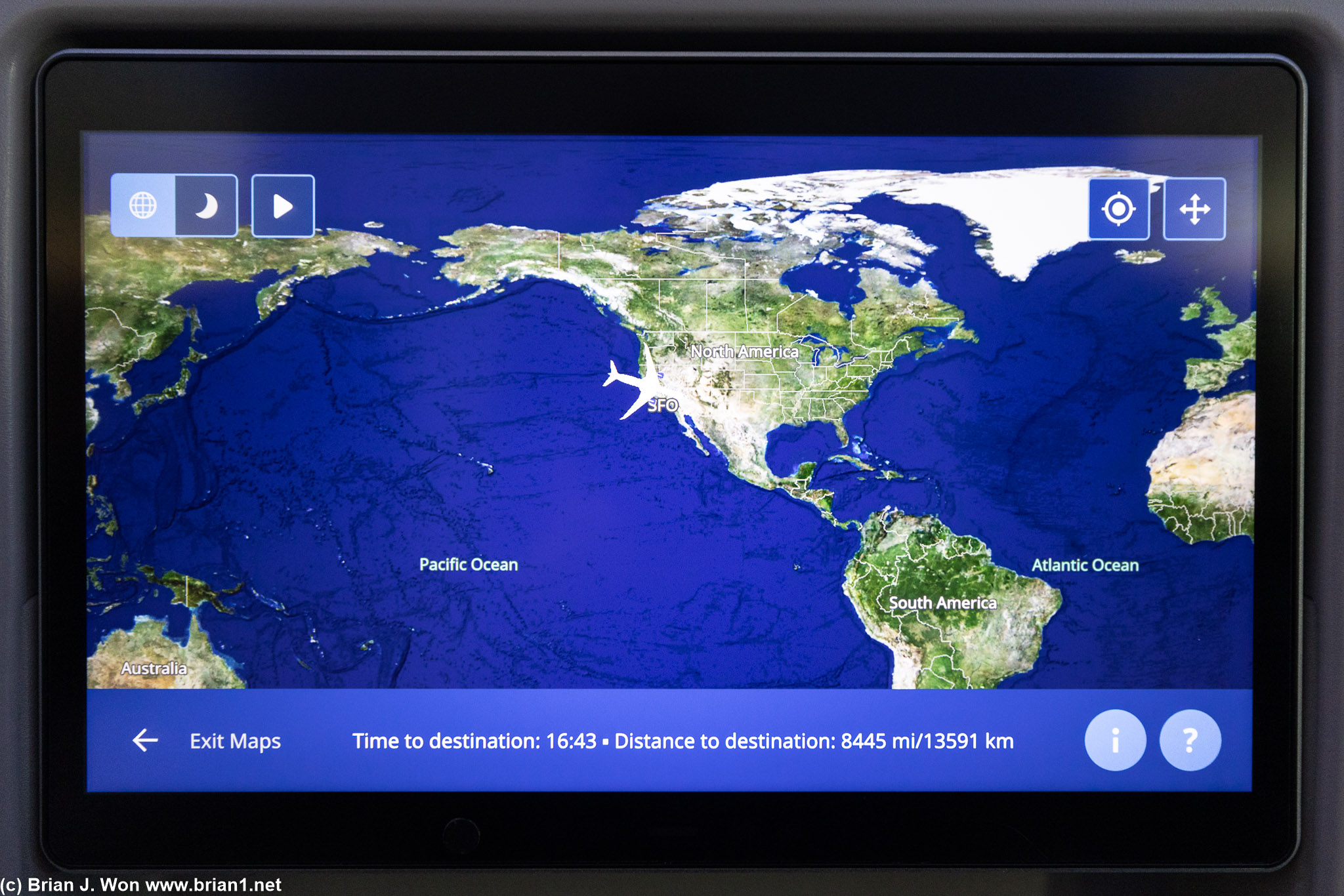 16hr 52min flight time, 9,335 miles (Flightaware), 8,446 miles (great circle).