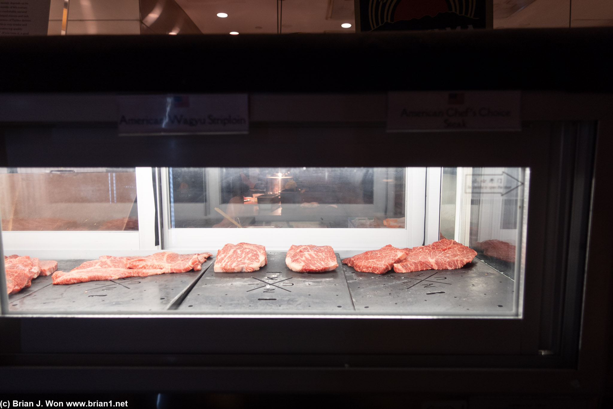 American waygu striplion (left), American chef's choice steak (right).