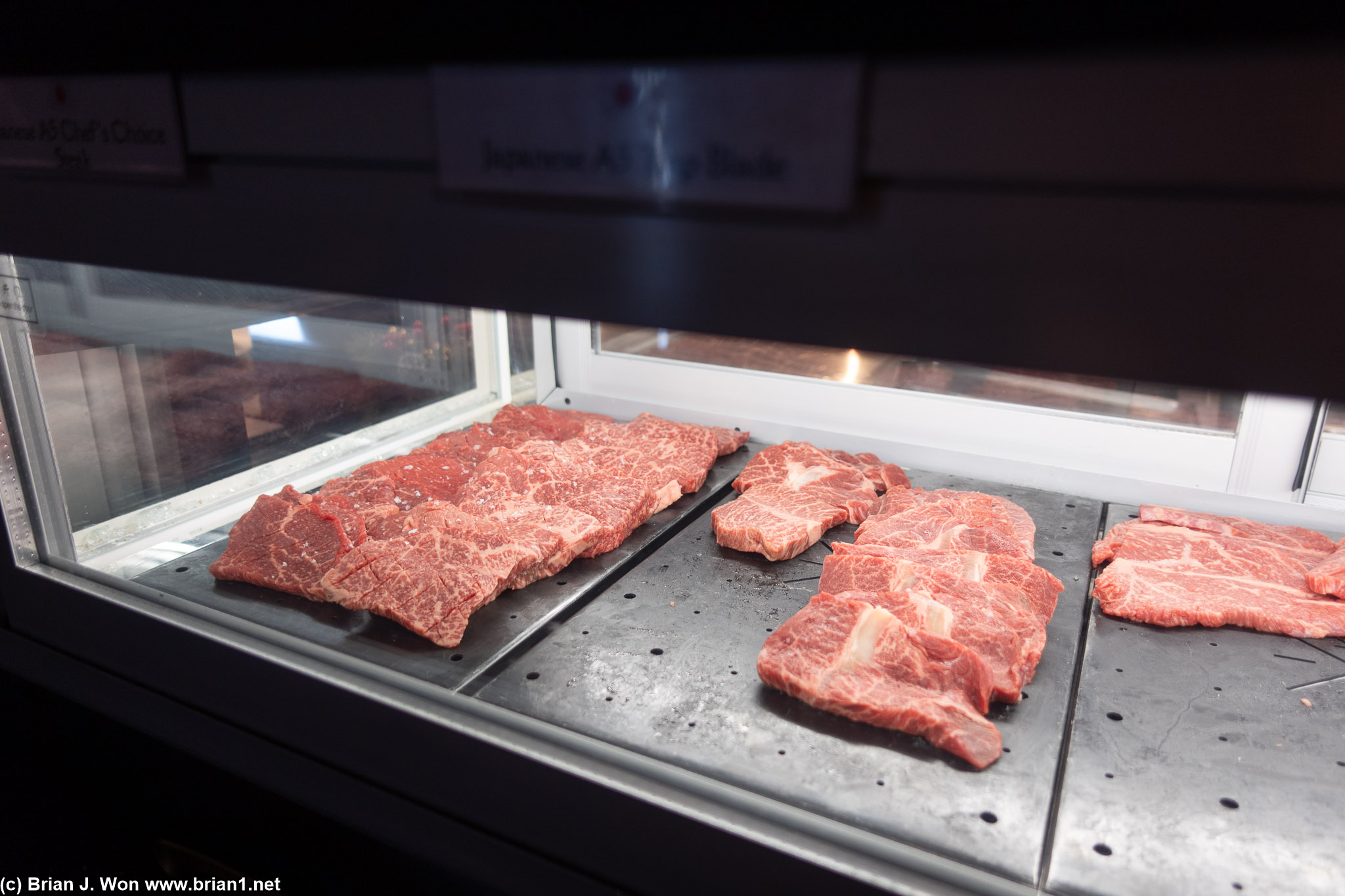 Japanese A5 chef's choice (left), Japanese A5 top blade (center), Australian full blood waygu steak (right).