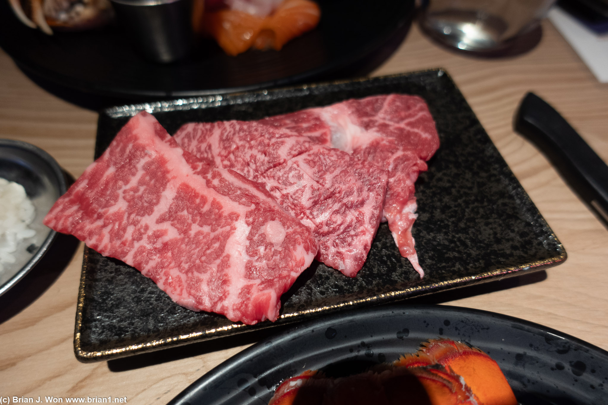 Japanese A5 chef's choice (left), Japanese A5 top blade (center), Australian full blood waygu steak (right).