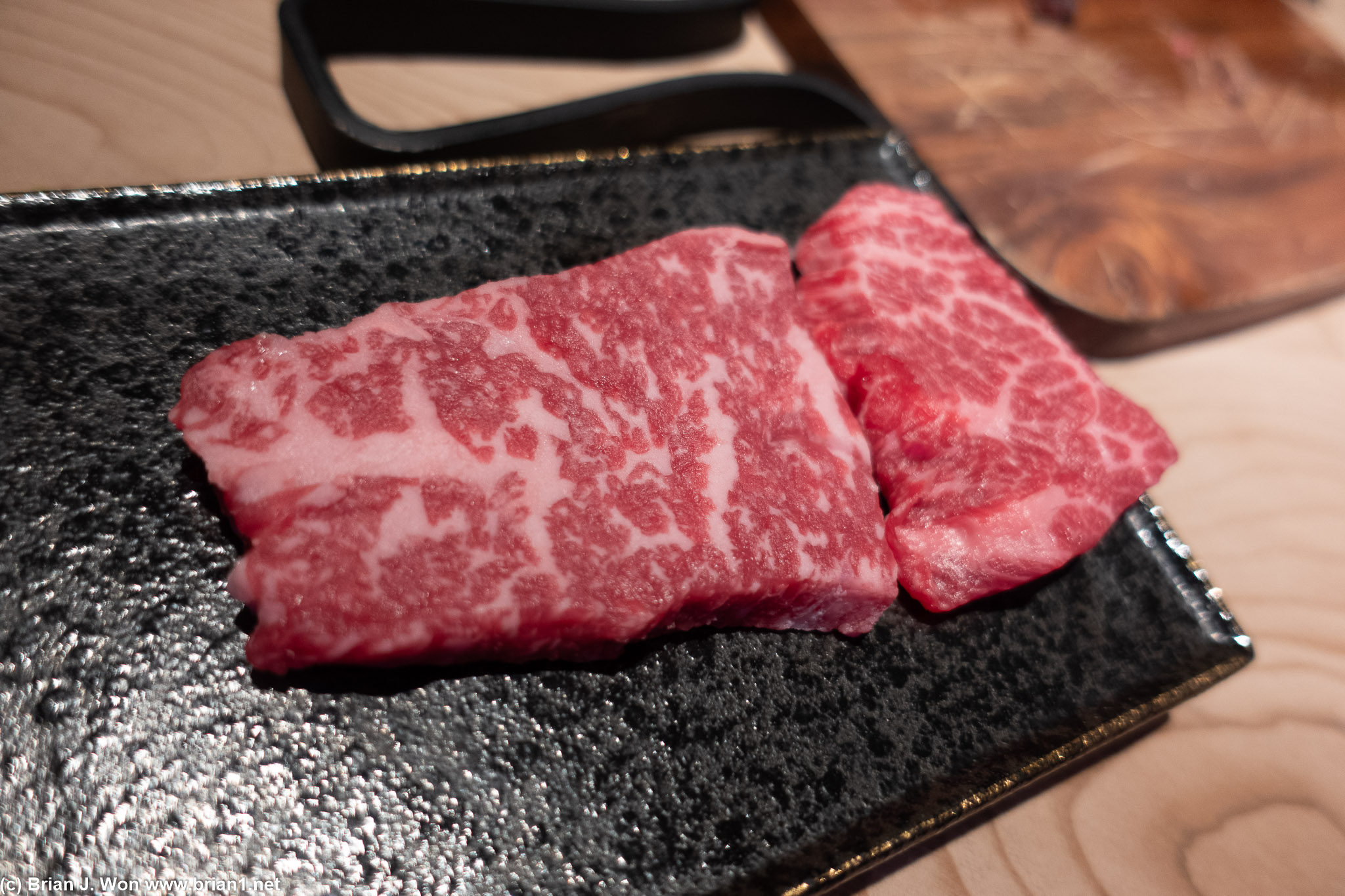 American waygu striplion (left), American chef's choice steak (right).