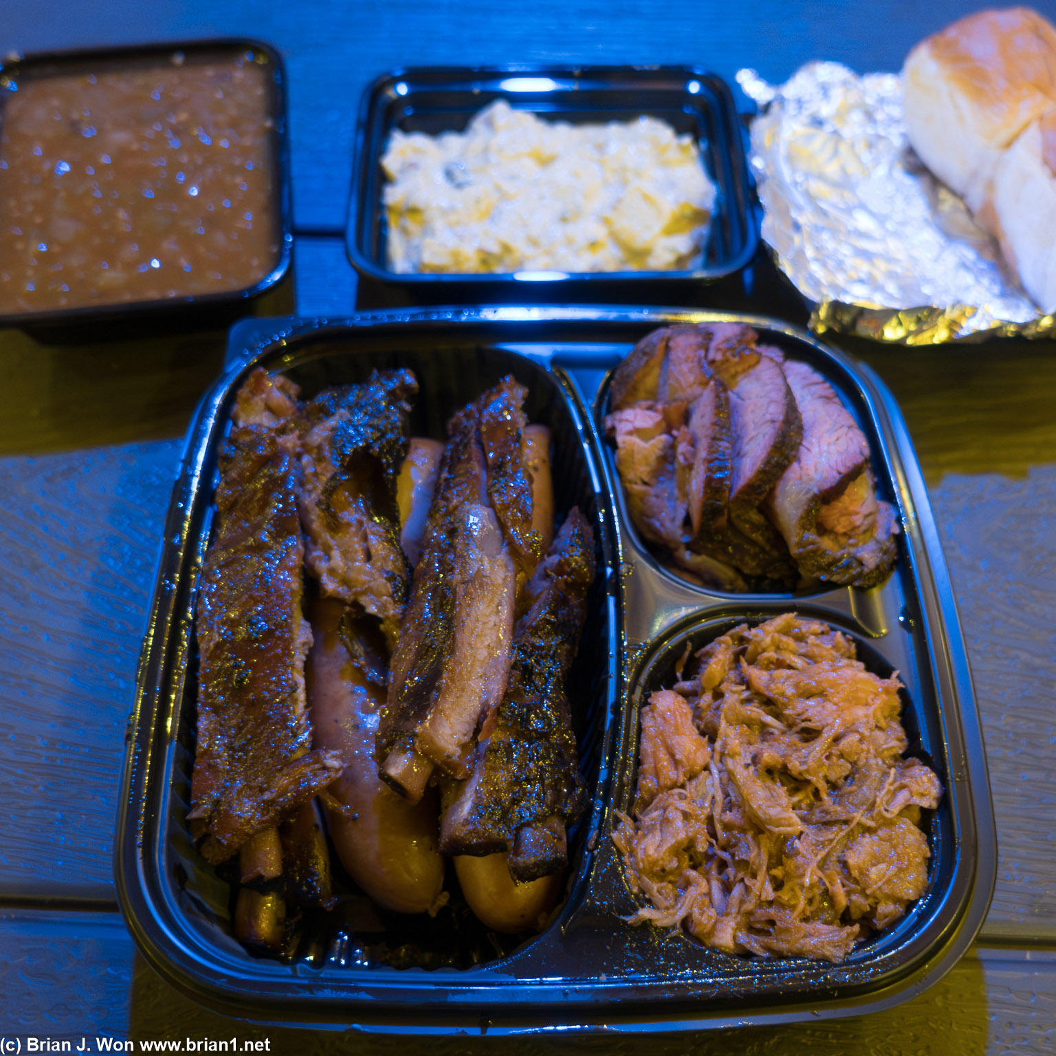 Big Pine platter: ribs, sausage, pulled pork, tri-tip.