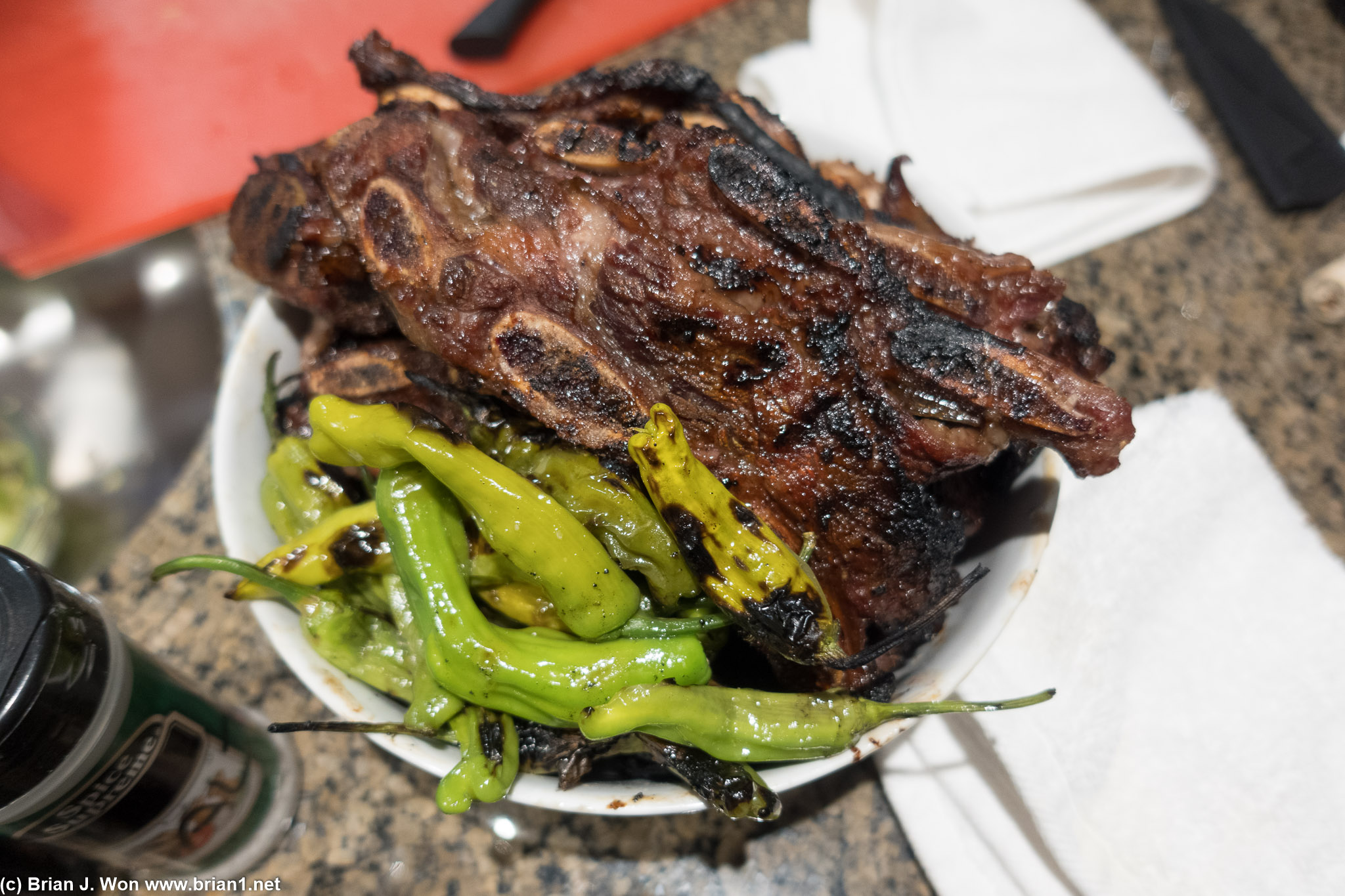 Galbi and shishito peppers.