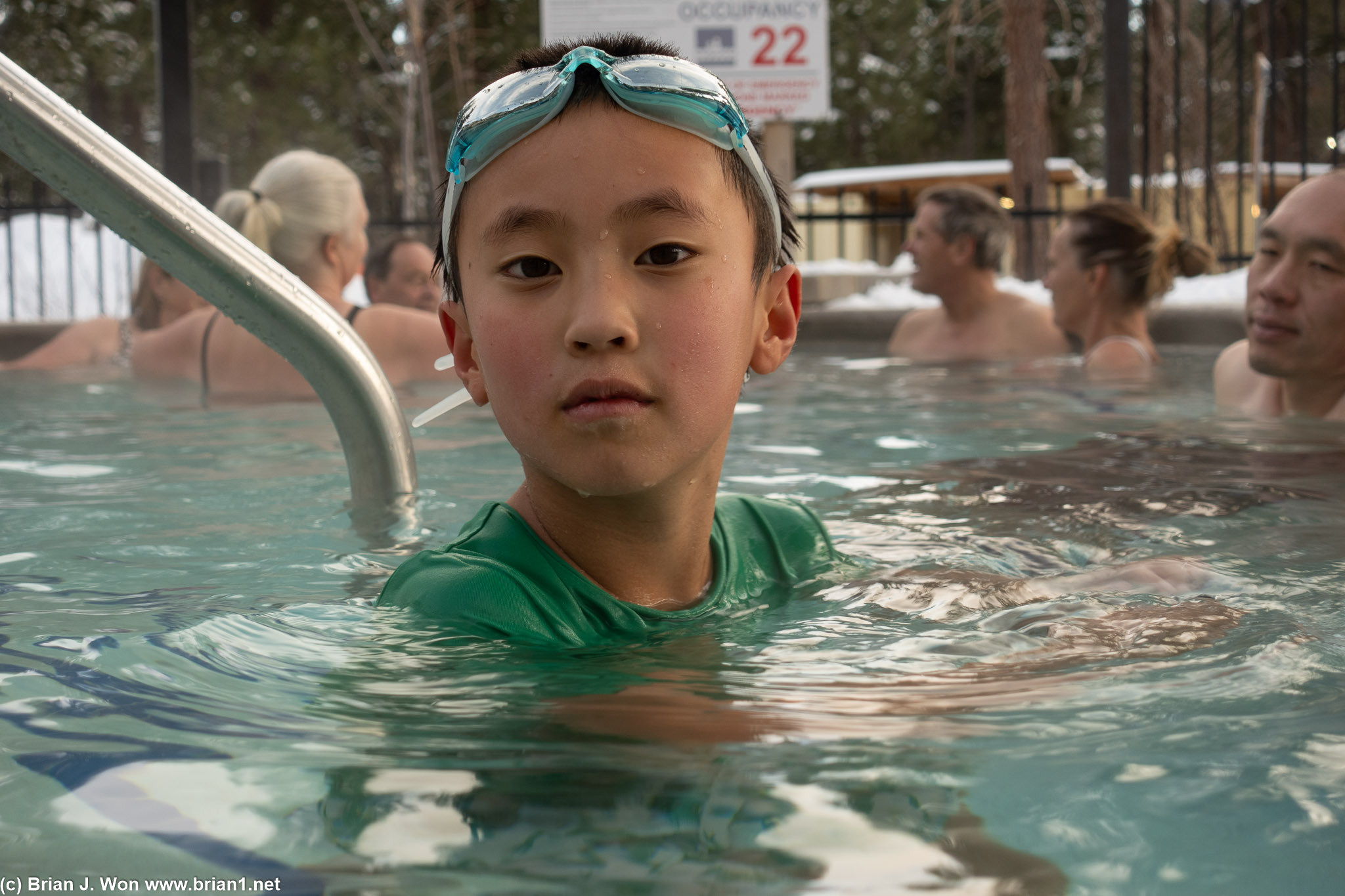 Lucas swimming in the hot tub.