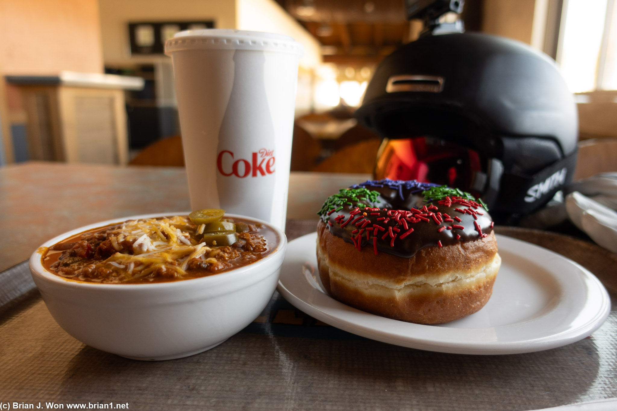 Early lunch at Main Lodge, chili and a fat donut.