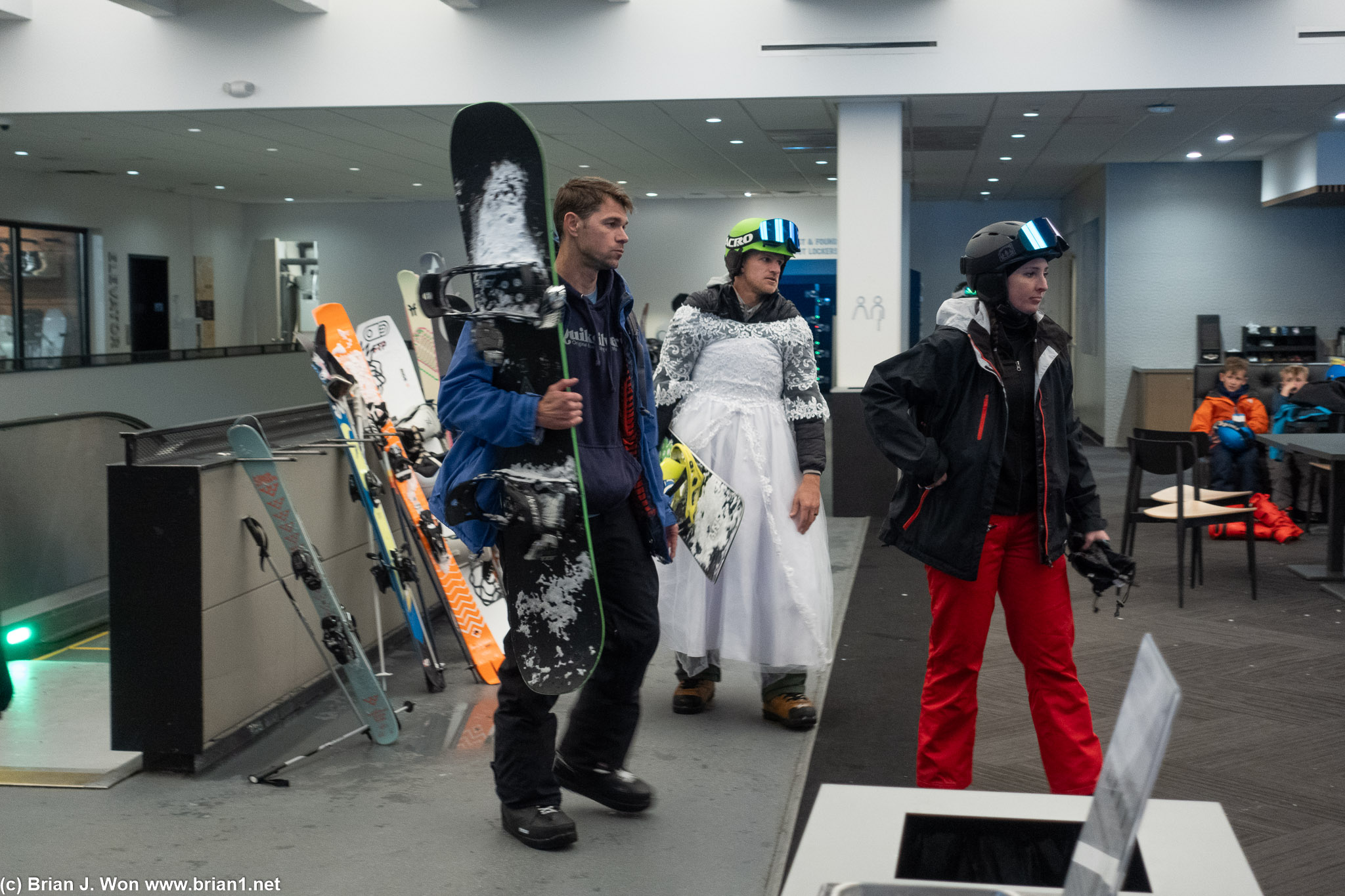 Watched this snowboarder change into a wedding dress.