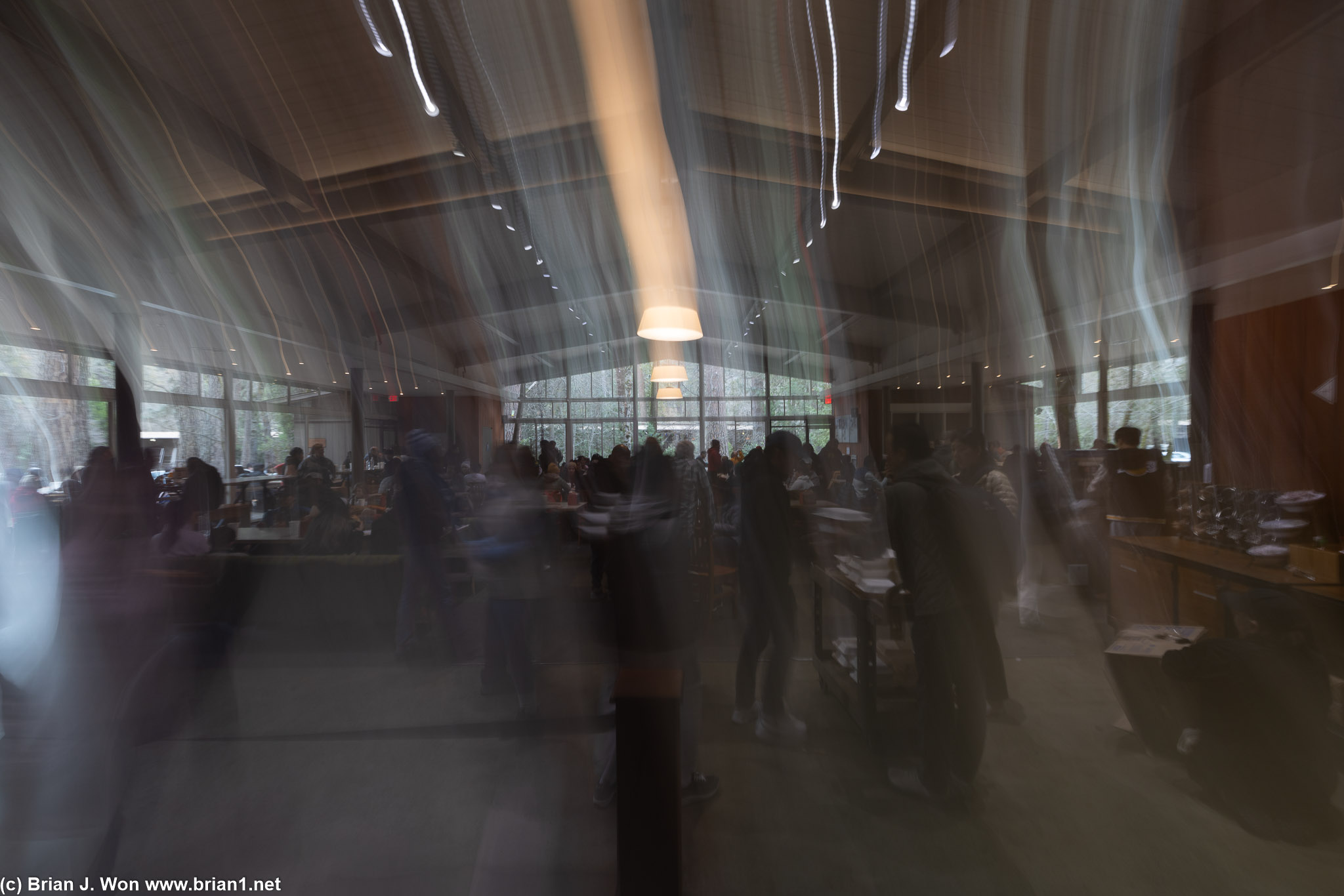 Accidental long exposure makes the cafeteria look much more interesting.