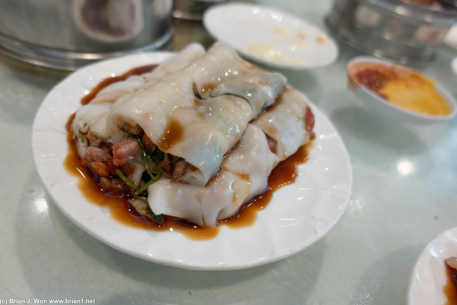 Char siu cheung (BBQ pork rice noodle roll).