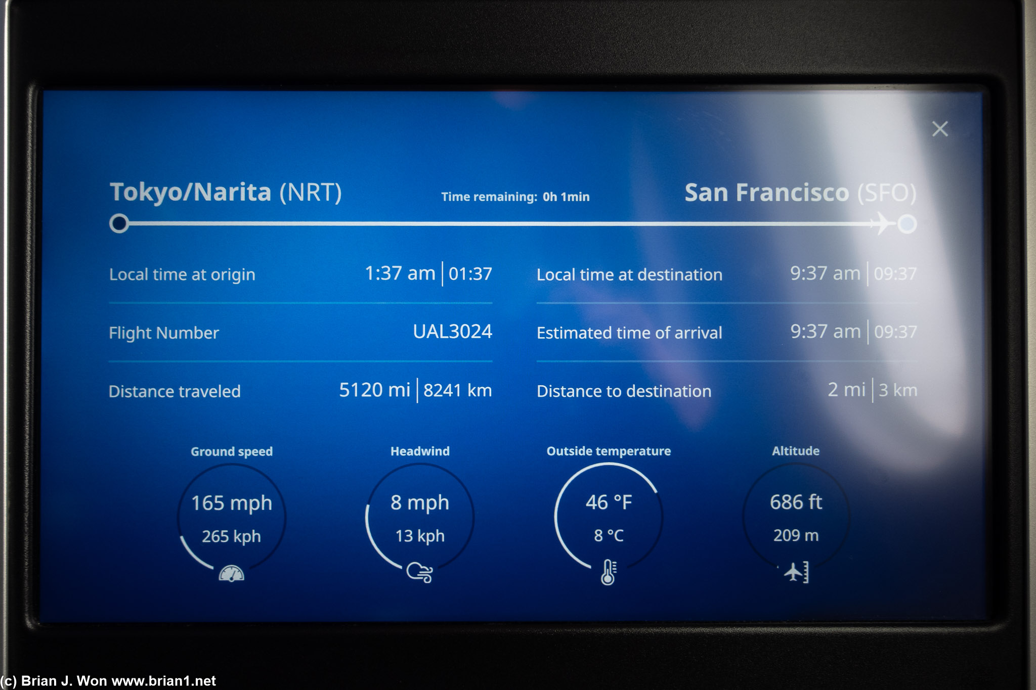 8hr 47min flight time (actual), 5,122 miles (actual), 5,303 miles (Flightaware), 5,119 miles (great circle).