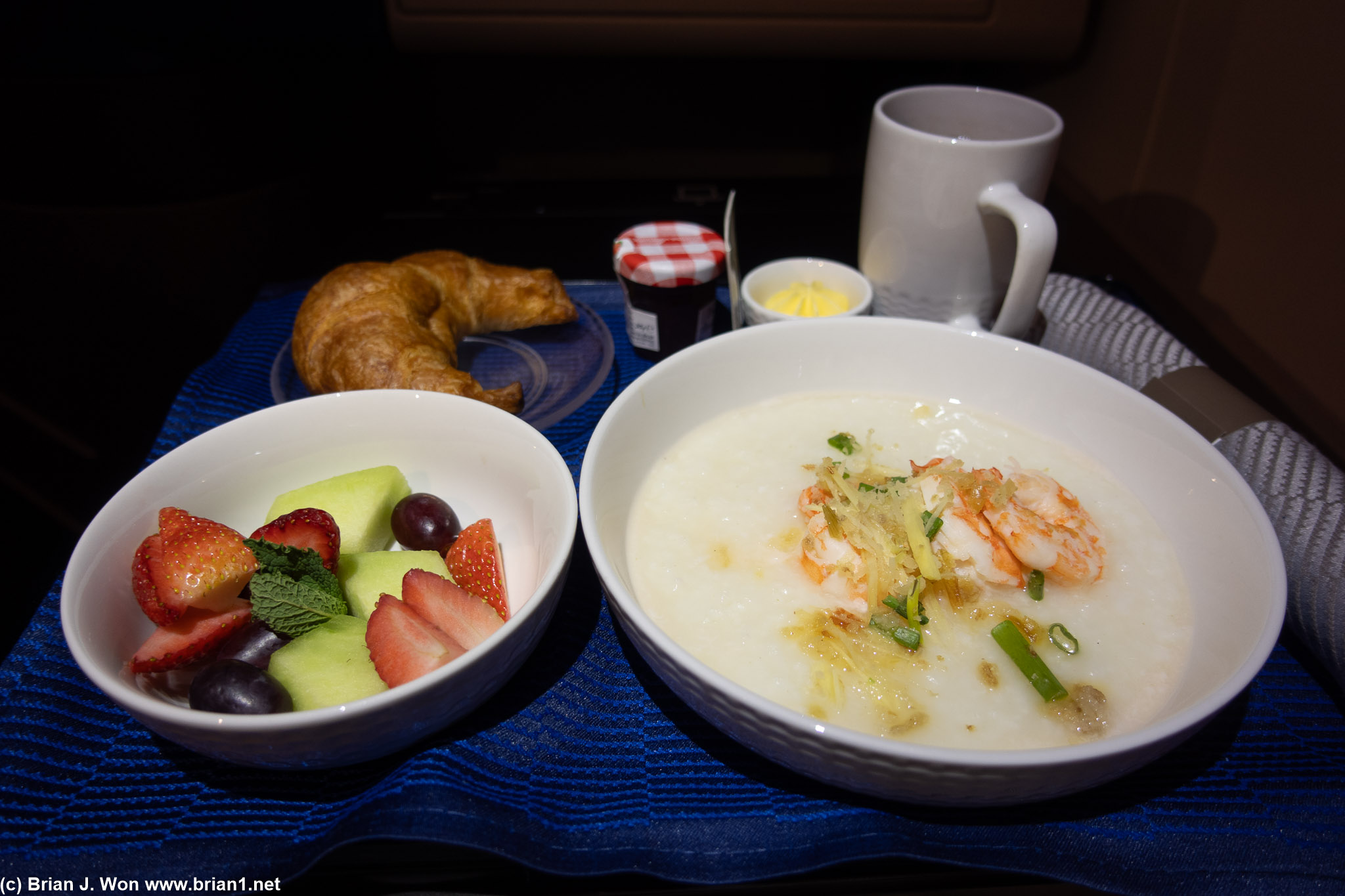 Pre-arrival meal of jook was not bad, although the shrimp were overcooked.