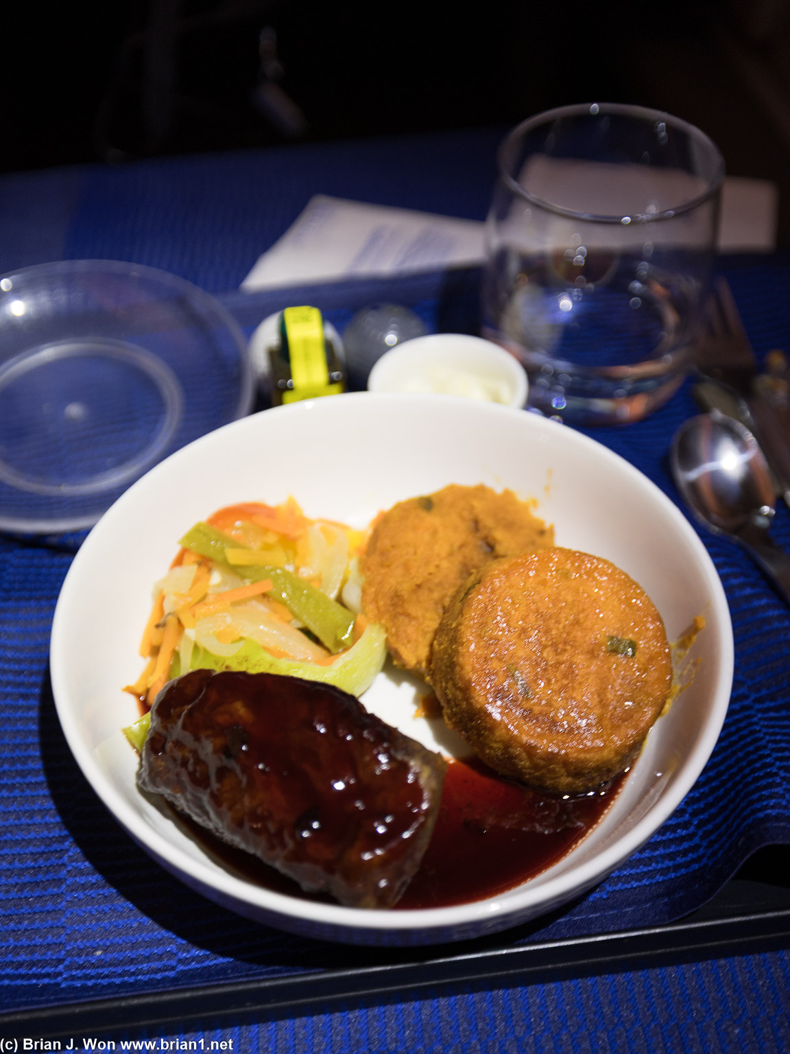 Boneless shortrib and sweet potato cakes.
